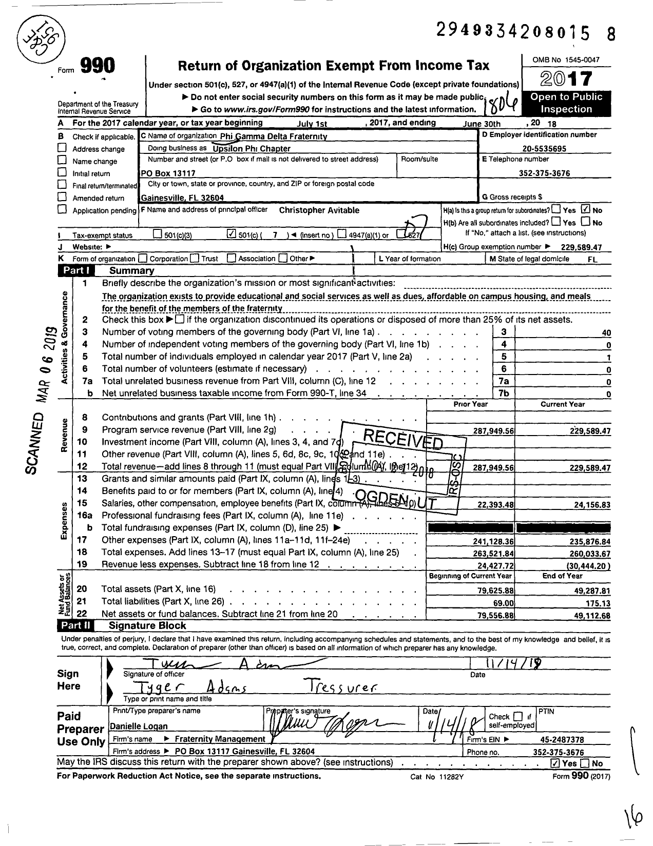 Image of first page of 2017 Form 990O for Phi Gamma Delta Fraternity - Upsilon Phi Chapter Florida Univ