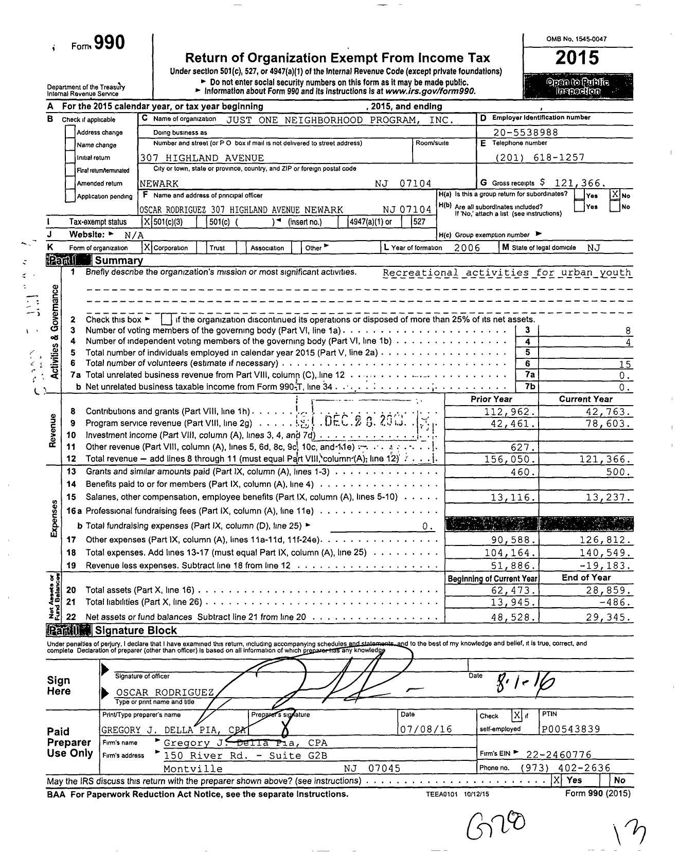 Image of first page of 2015 Form 990 for Just One Neighborhood Program