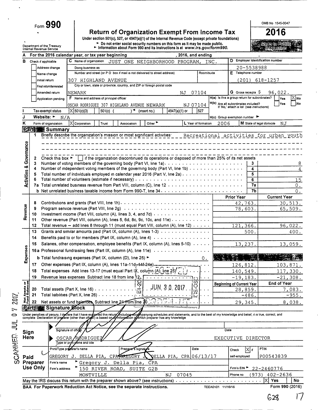 Image of first page of 2016 Form 990 for Just One Neighborhood Program