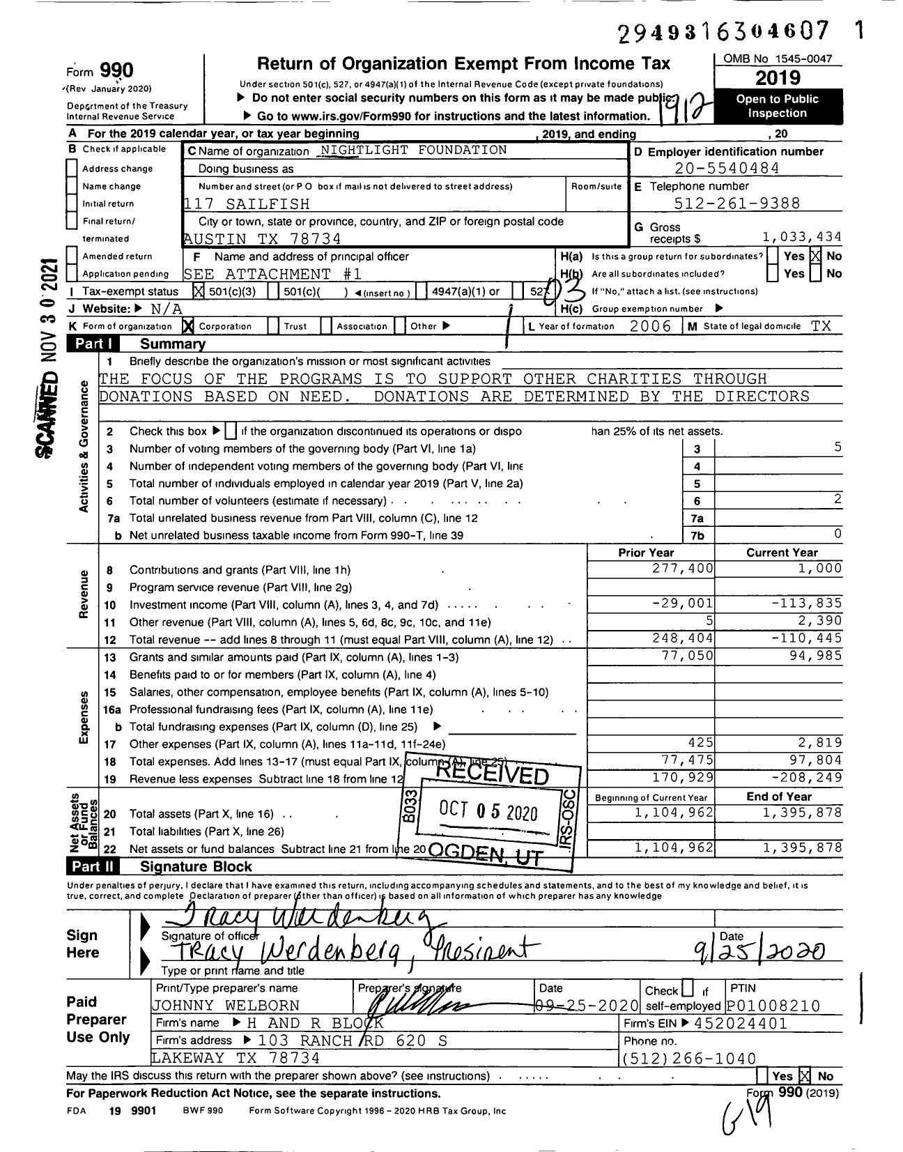 Image of first page of 2019 Form 990 for Nightlight Foundation