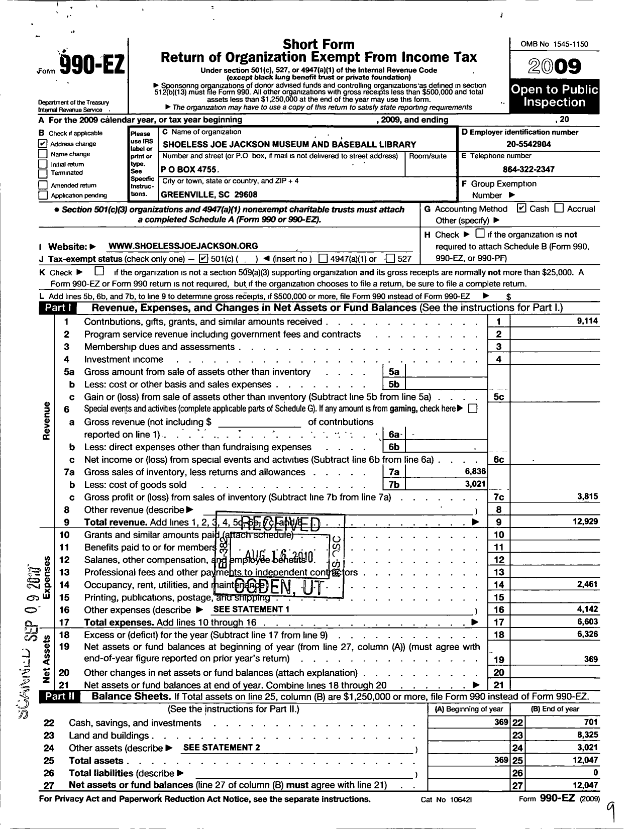 Image of first page of 2009 Form 990EO for Shoeless Joe Jackson Museum Andbaseball Library