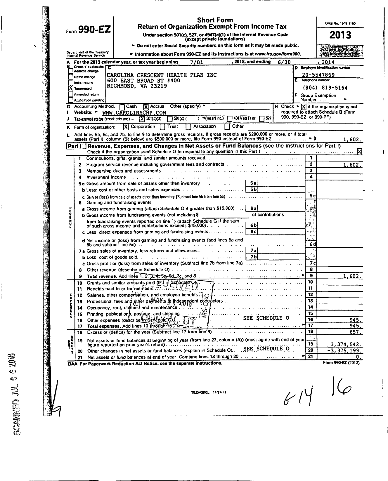 Image of first page of 2013 Form 990EZ for Carolina Crescent Health Plan