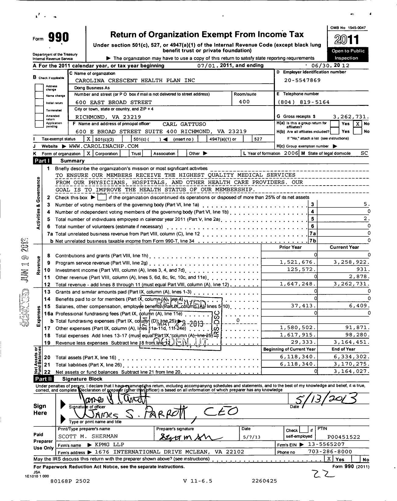 Image of first page of 2011 Form 990 for Carolina Crescent Health Plan