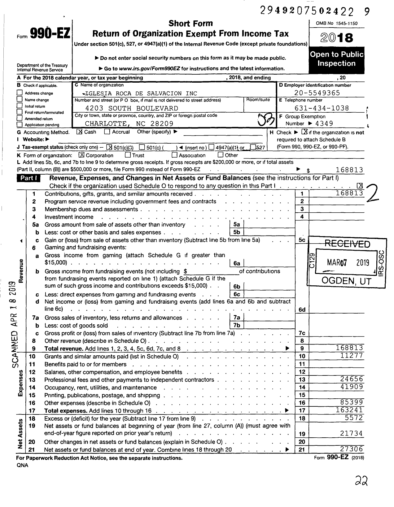 Image of first page of 2018 Form 990EZ for Iglesia Roca de Salvacion