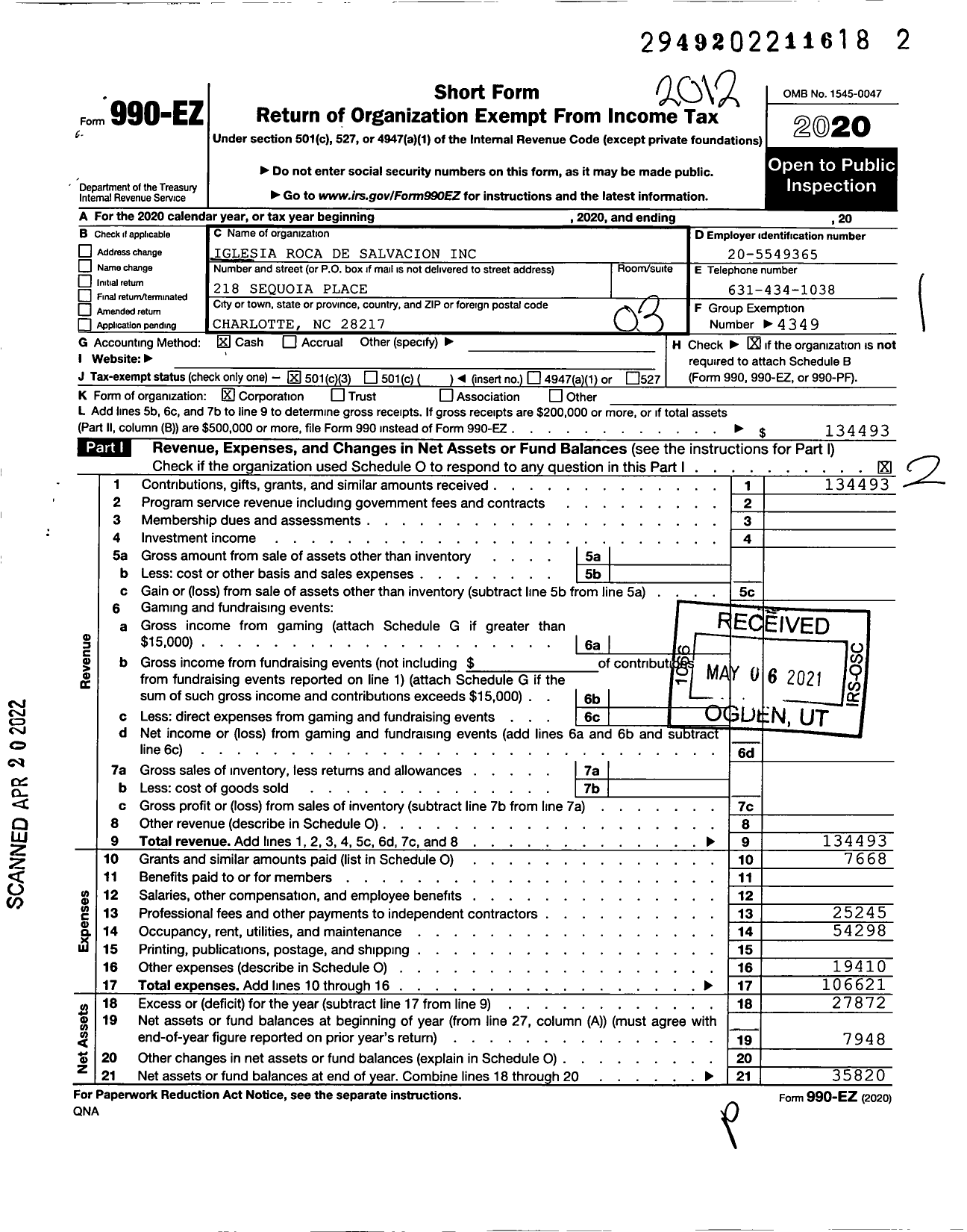 Image of first page of 2020 Form 990EZ for Iglesia Roca de Salvacion