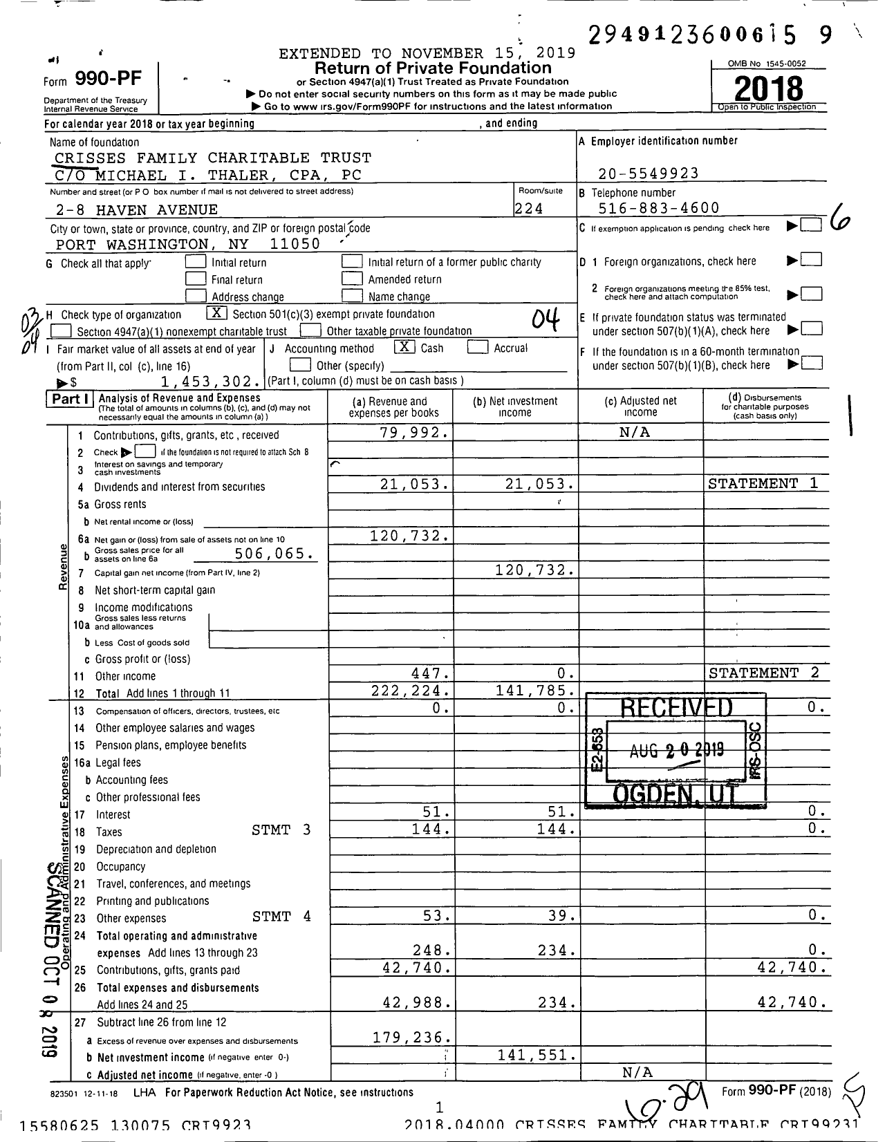 Image of first page of 2018 Form 990PF for Crisses Family Charitable Trust