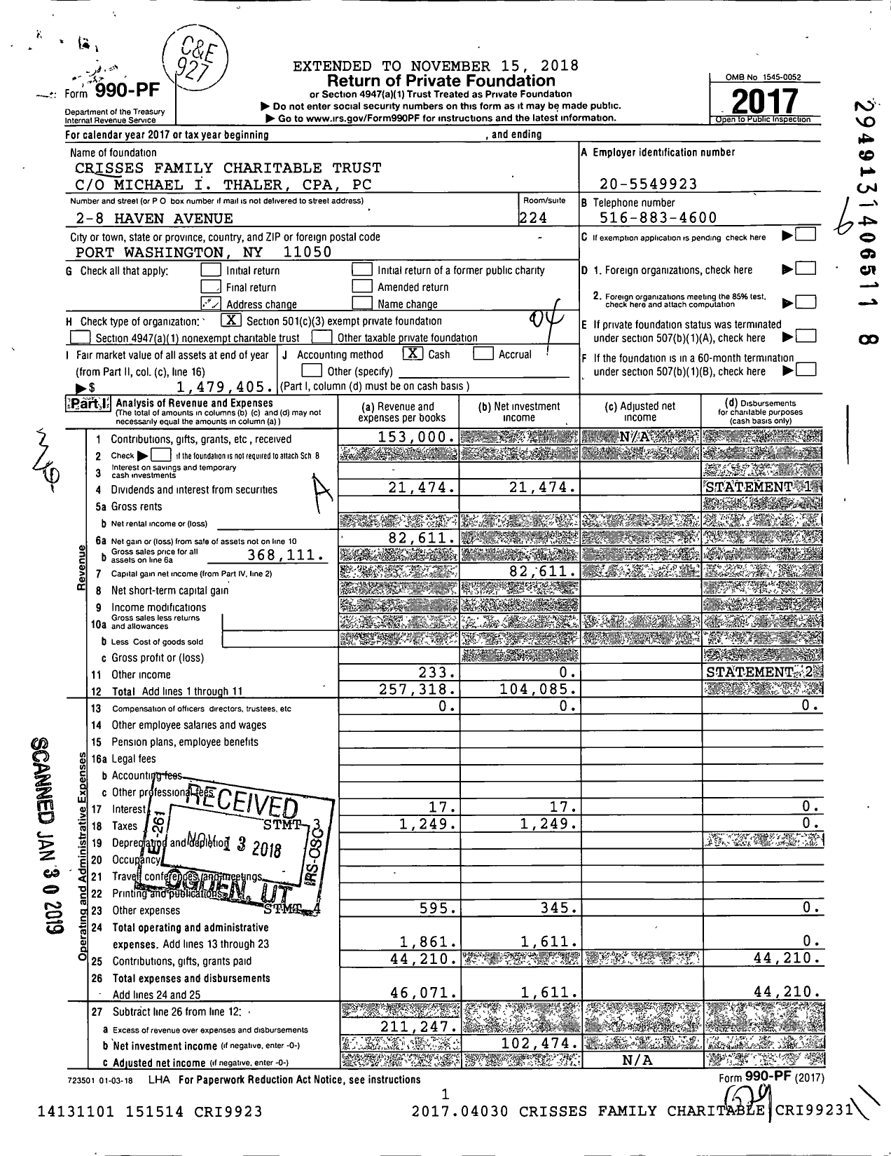 Image of first page of 2017 Form 990PF for Crisses Family Charitable Trust