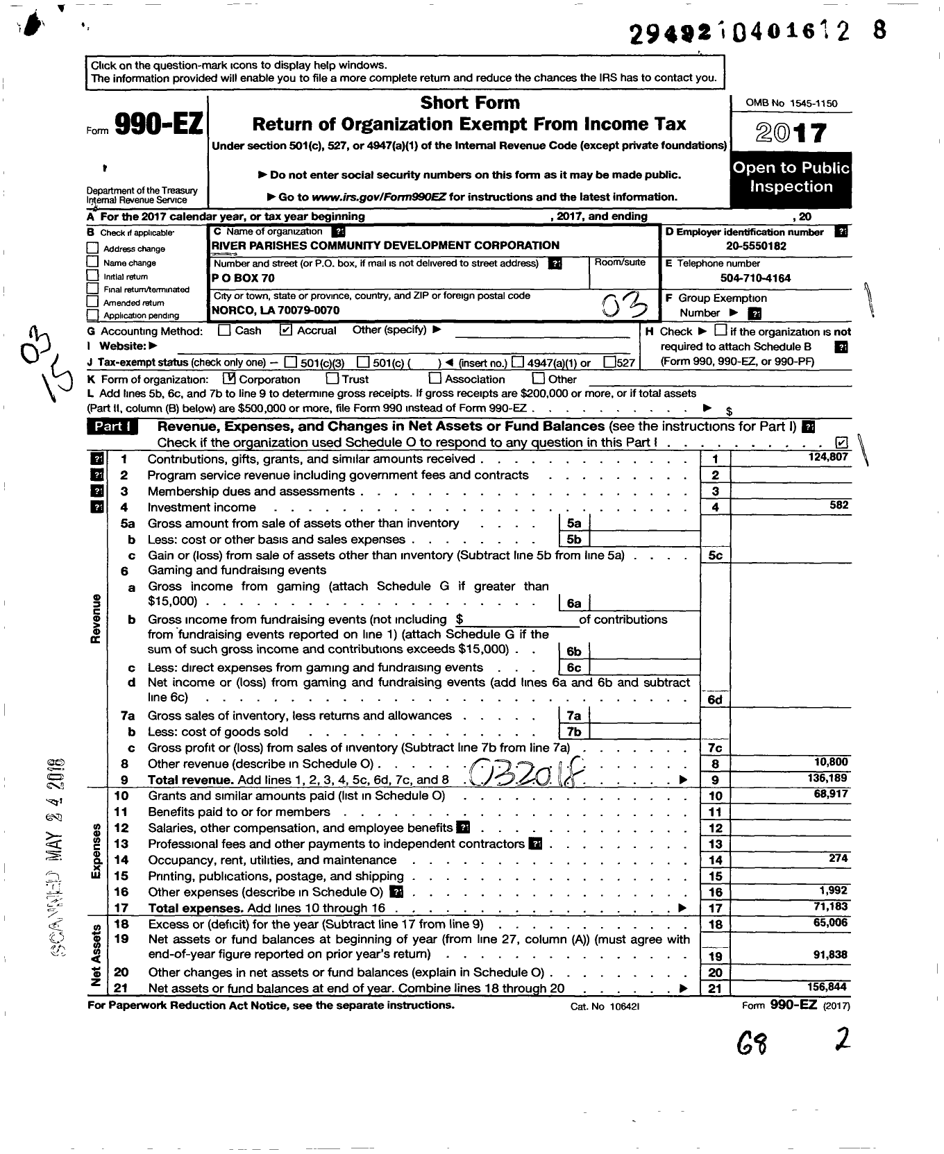 Image of first page of 2017 Form 990EZ for River Parishes Community Development Corporation