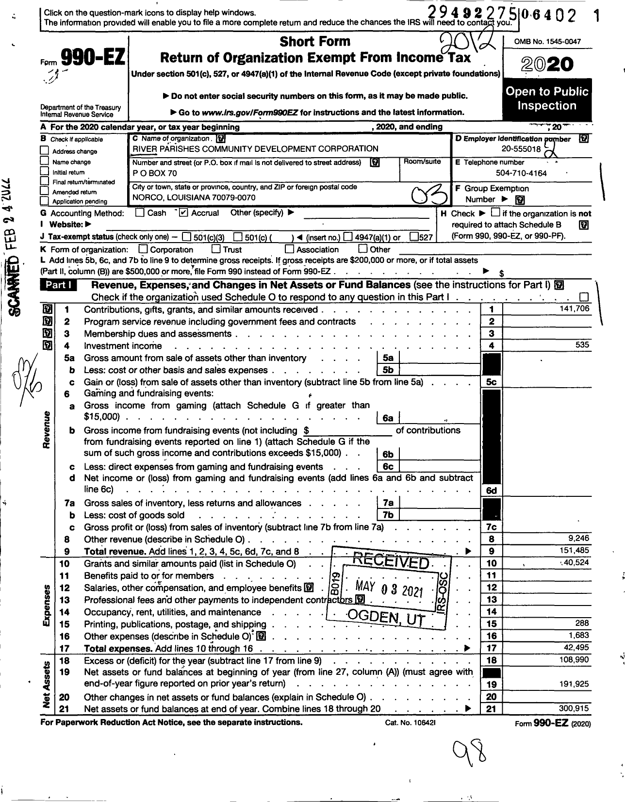 Image of first page of 2020 Form 990EZ for River Parishes Community Development Corporation