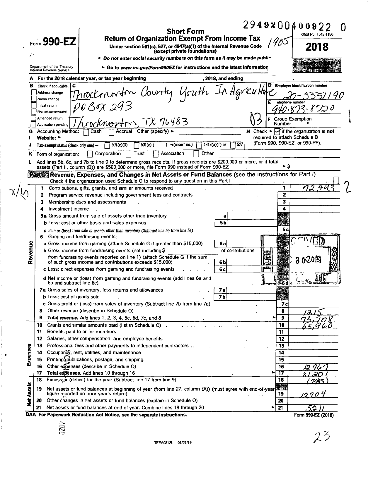 Image of first page of 2018 Form 990EZ for Throckmorton County Youth in Agriculture