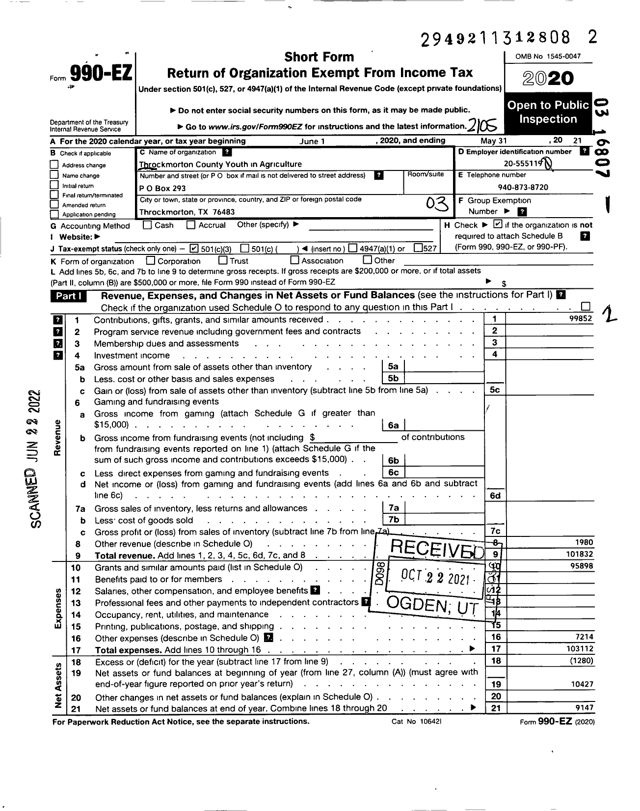 Image of first page of 2020 Form 990EZ for Throckmorton County Youth in Agriculture