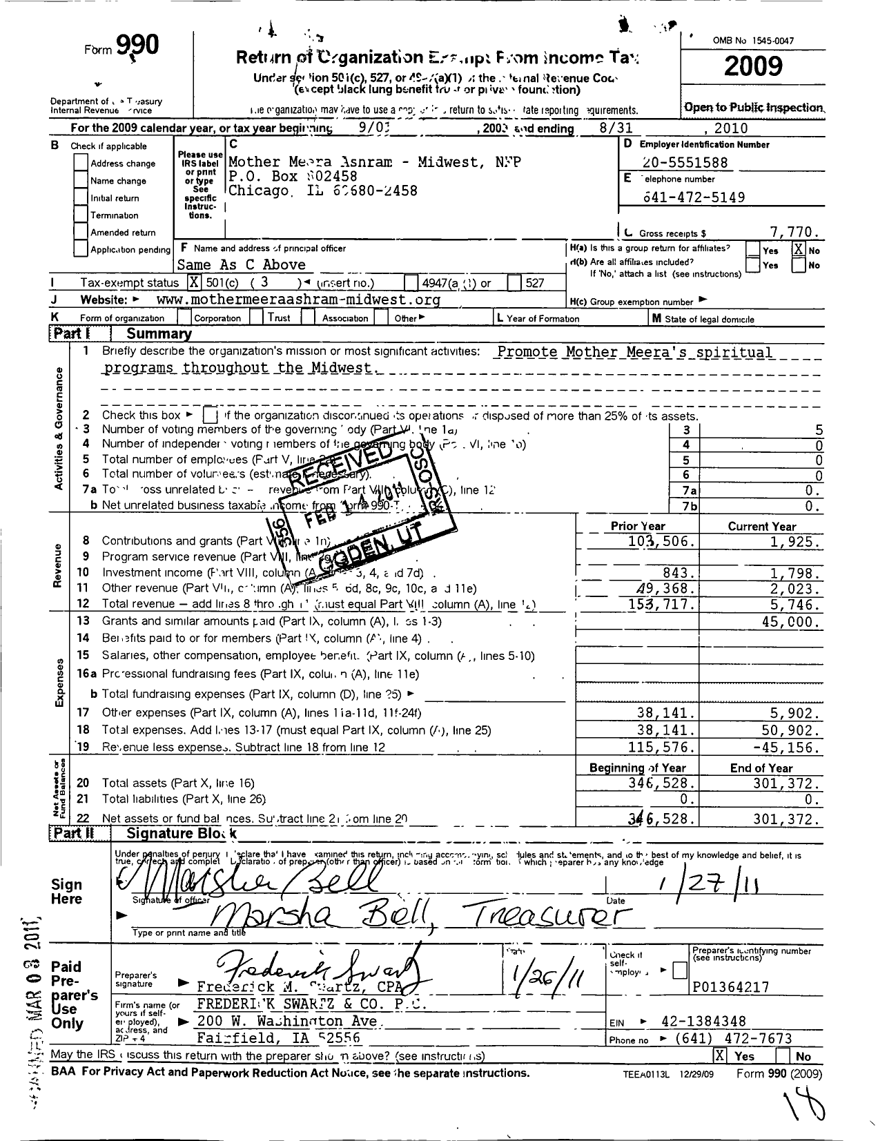 Image of first page of 2009 Form 990 for Mother Meera Ashram NFP