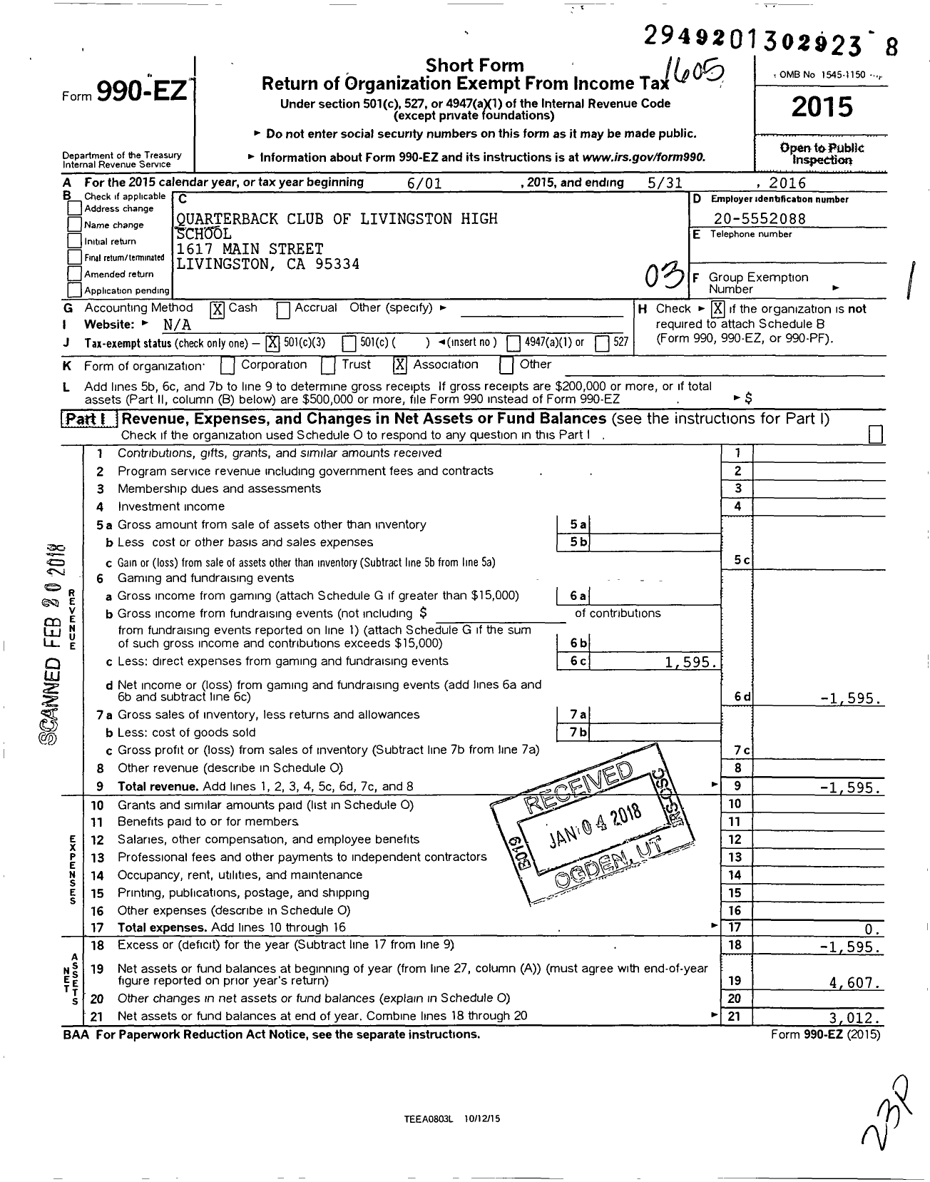 Image of first page of 2015 Form 990EZ for Quarterback Club of Livingston High School