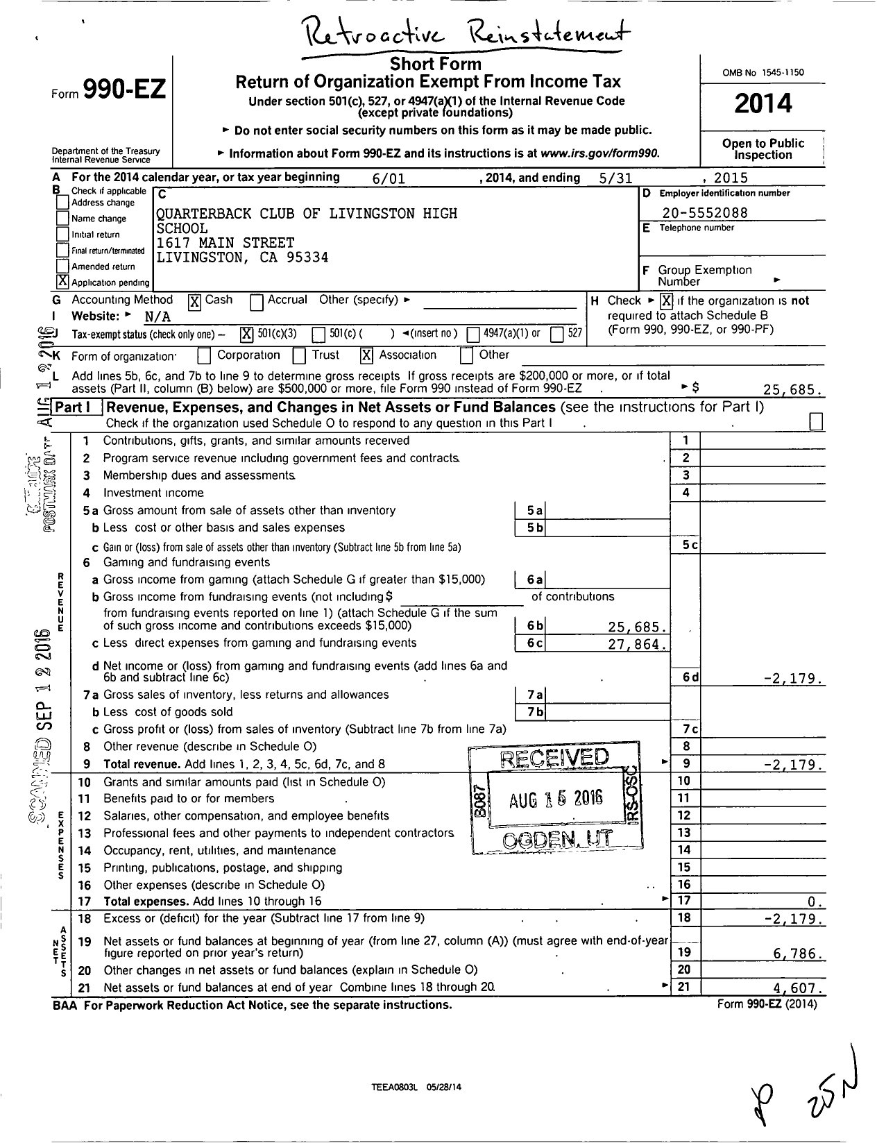 Image of first page of 2014 Form 990EZ for Quarterback Club of Livingston High School