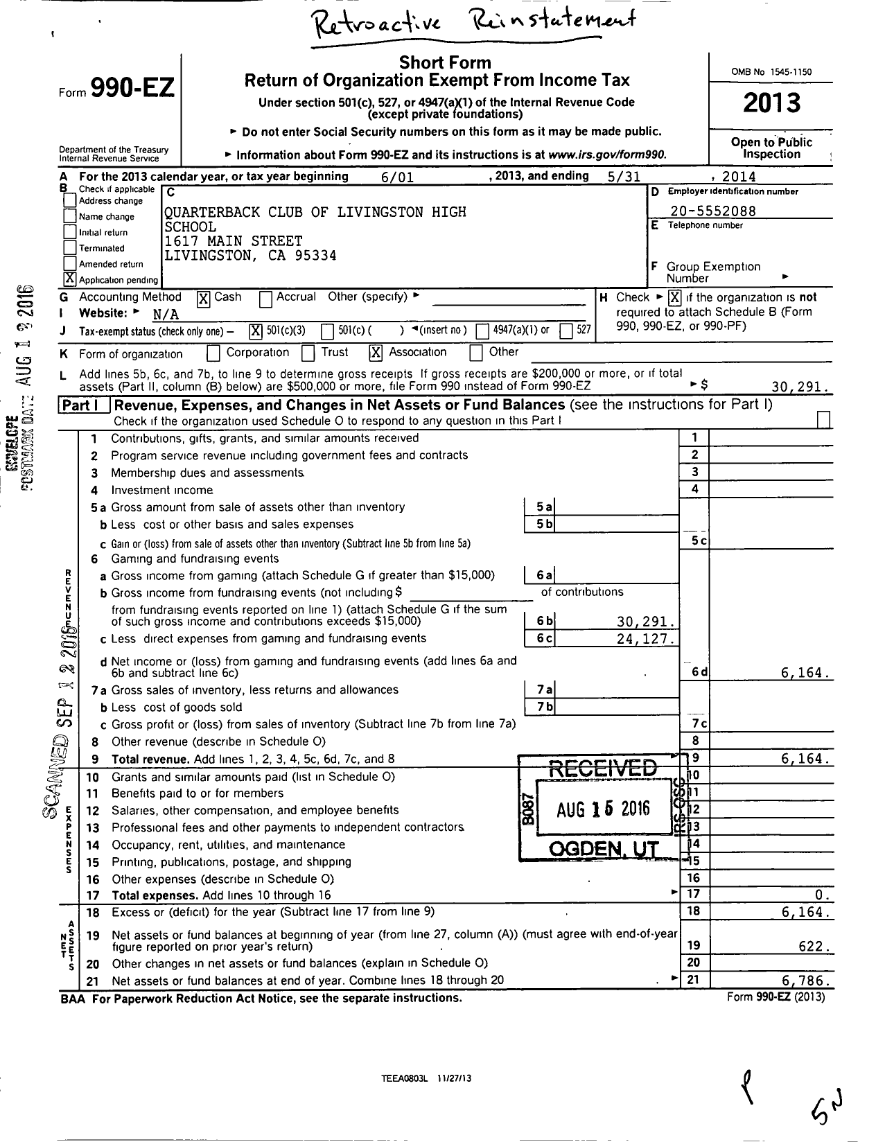 Image of first page of 2013 Form 990EZ for Quarterback Club of Livingston High School