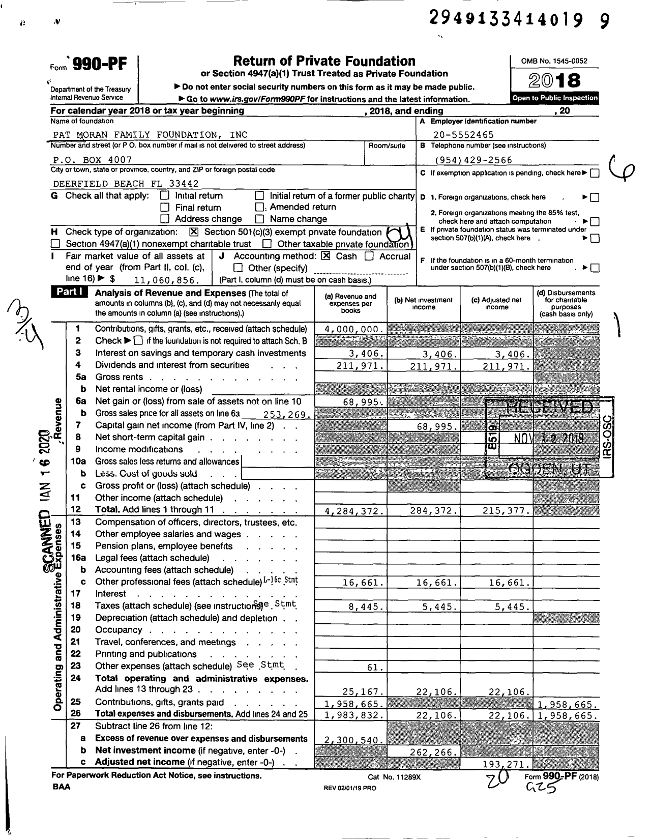 Image of first page of 2018 Form 990PF for Pat Moran Family Foundation