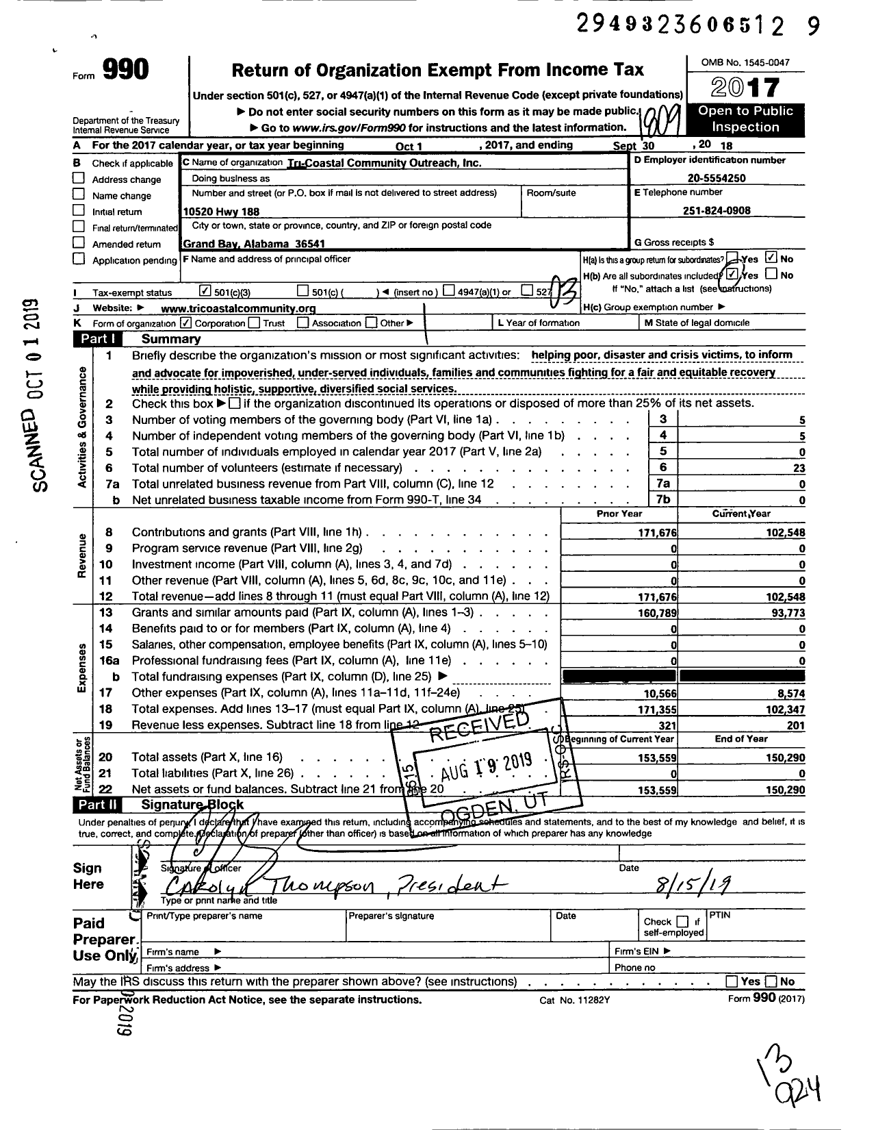 Image of first page of 2017 Form 990 for Tri-Coastal Community Outreach