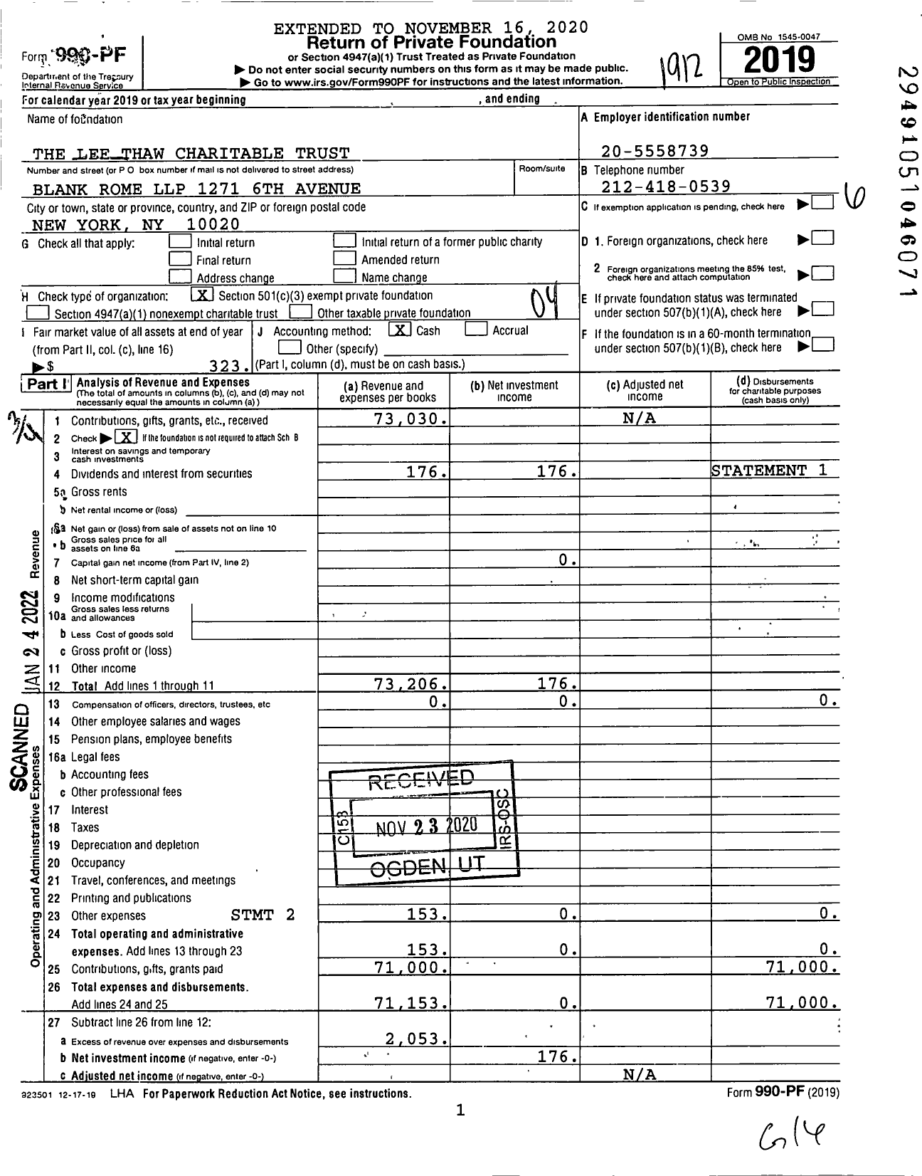 Image of first page of 2019 Form 990PF for The Lee Thaw Charitable Trust Richard J Miller JR Trustee