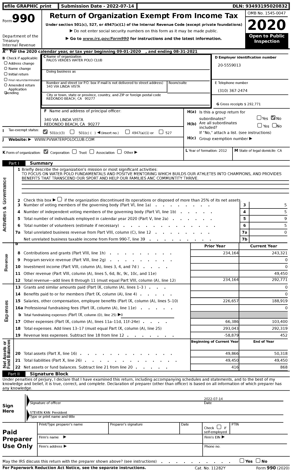 Image of first page of 2020 Form 990 for Palos Verdes Water Polo Club