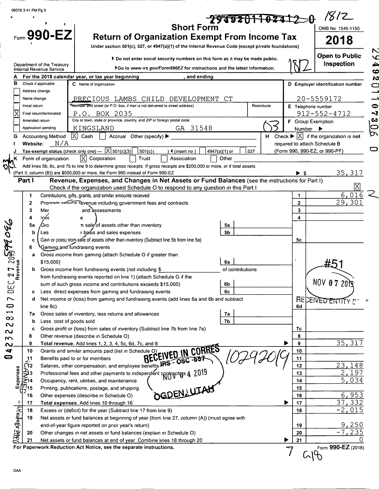 Image of first page of 2018 Form 990EZ for Precious Lambs Child Development CT