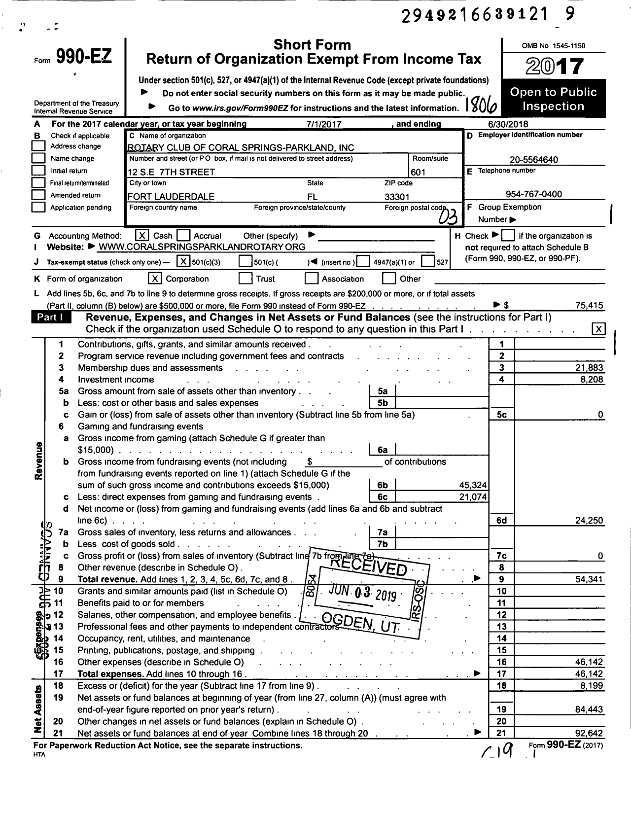 Image of first page of 2017 Form 990EZ for Rotary Club of Coral Springs-Parkland