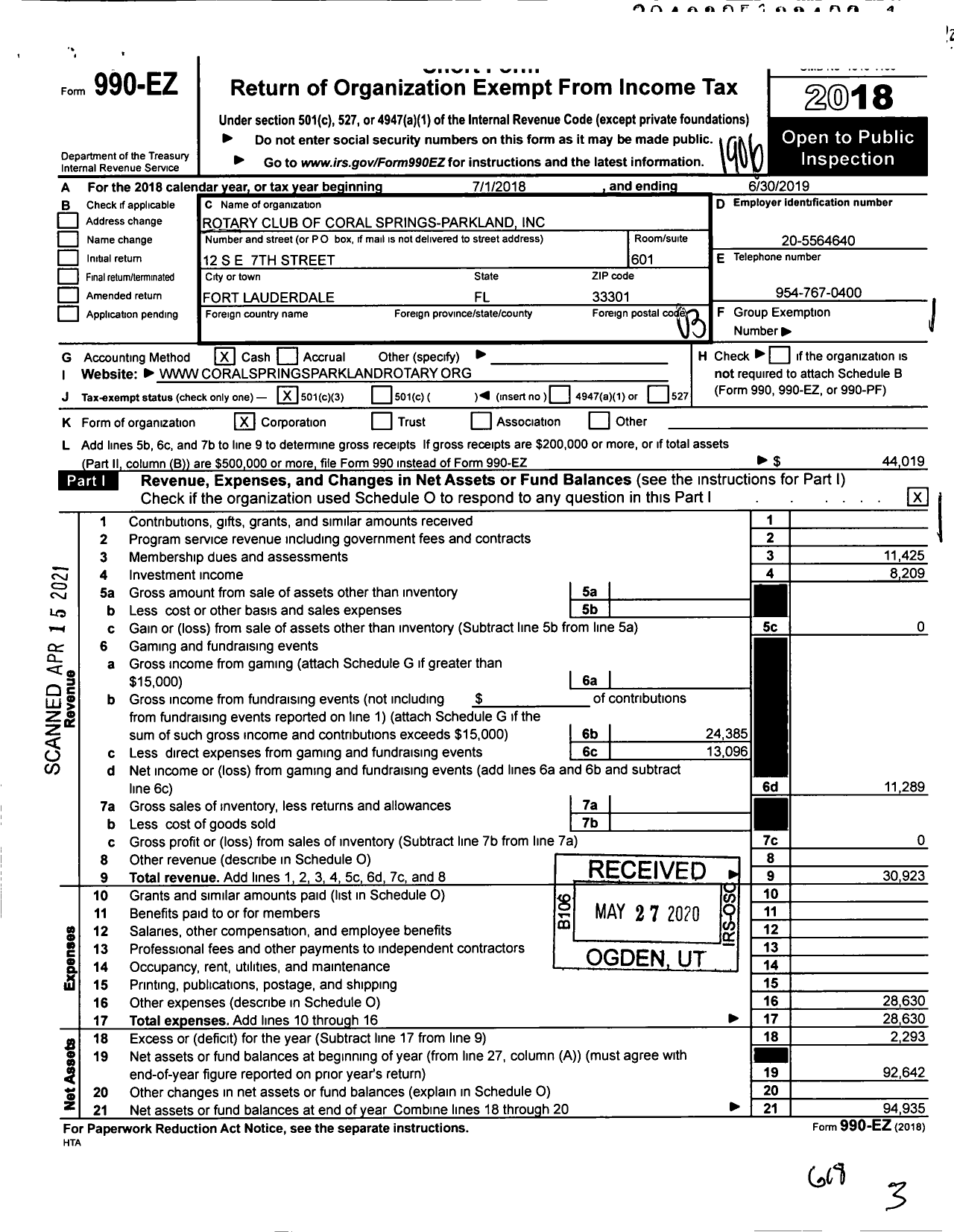 Image of first page of 2018 Form 990EZ for Rotary Club of Coral Springs-Parkland