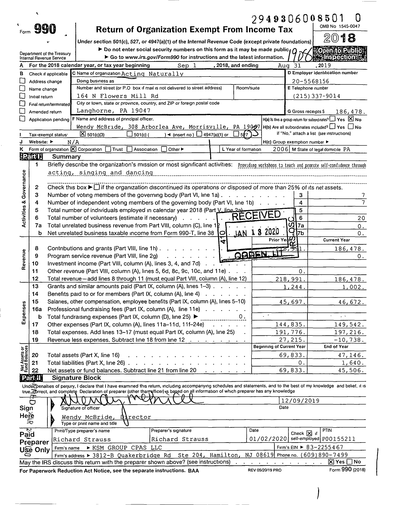 Image of first page of 2018 Form 990 for Acting Naturally