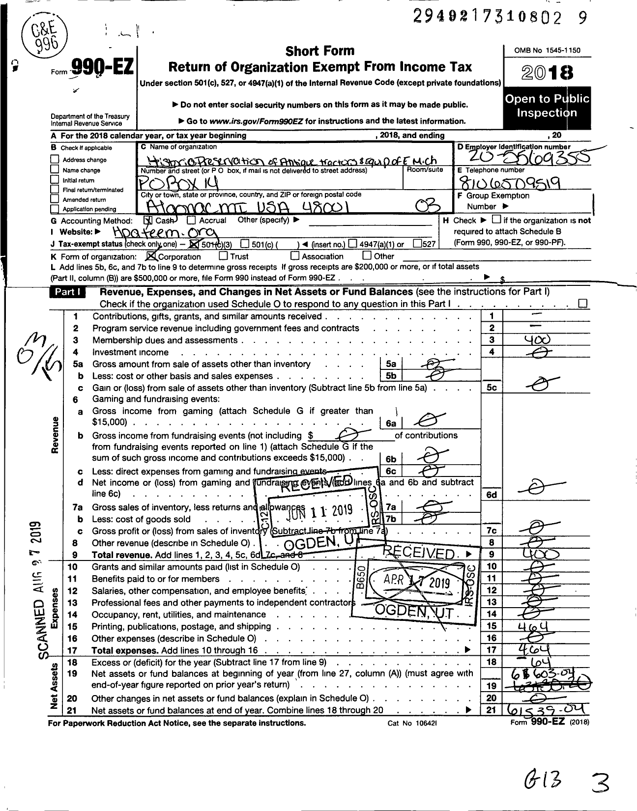 Image of first page of 2018 Form 990EZ for Historic Preservation of Antiquetractor and Equip of E Mich