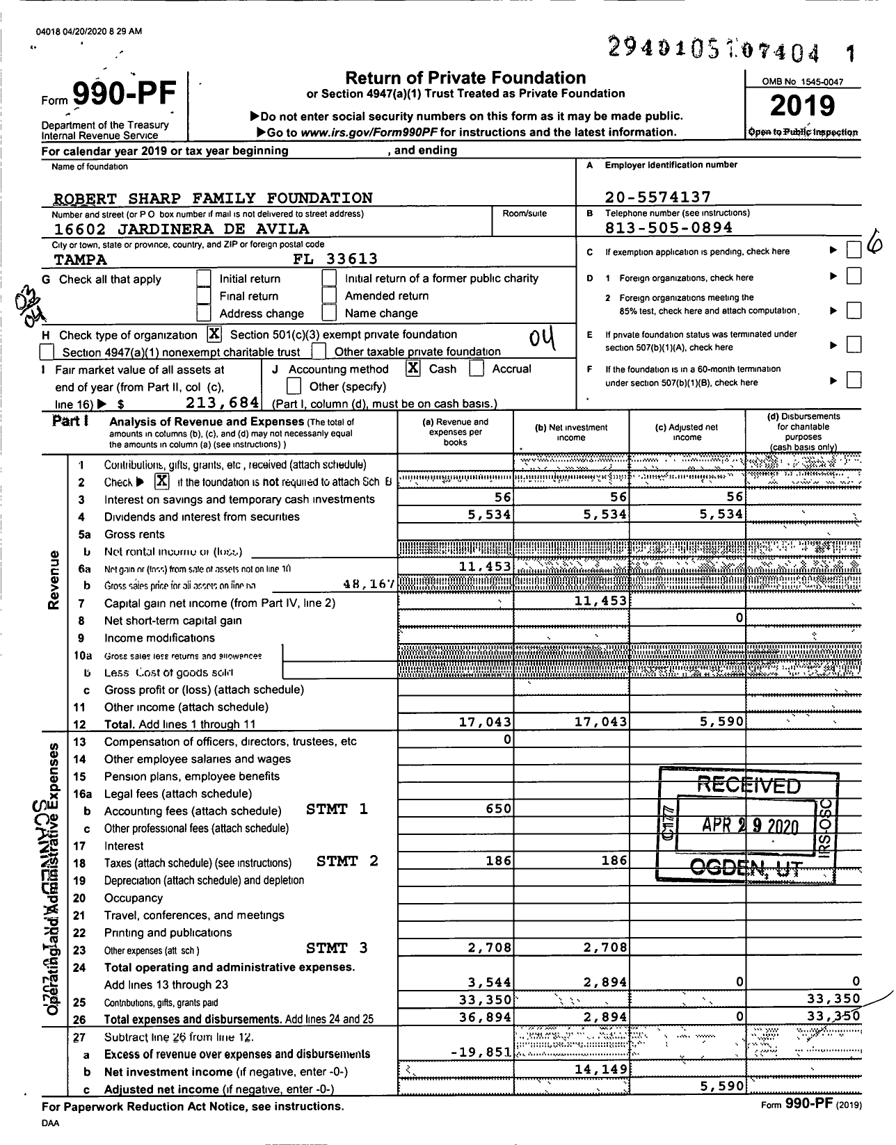 Image of first page of 2019 Form 990PF for Robert Sharp Family Foundation