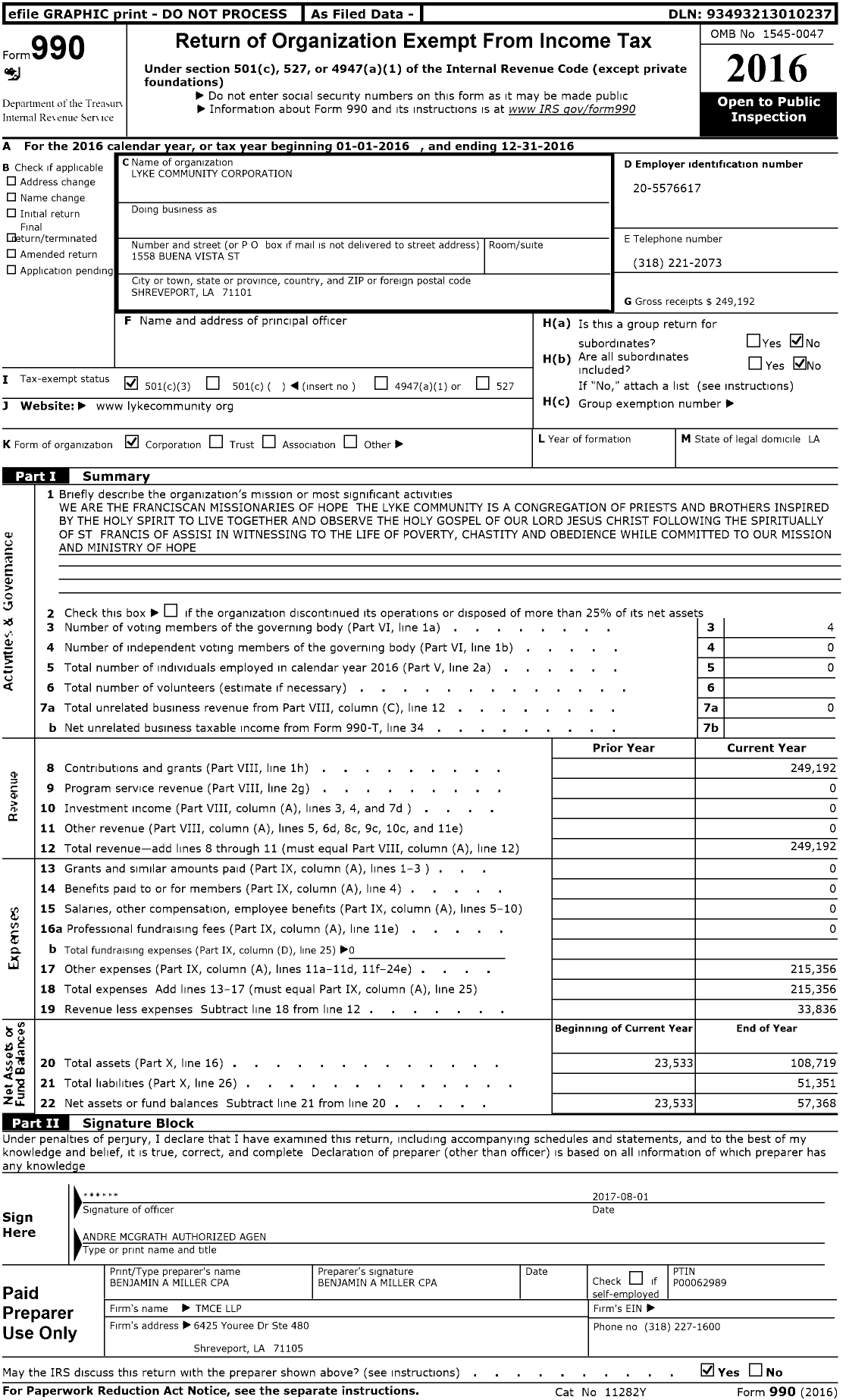 Image of first page of 2016 Form 990 for Lyke Community Corporation