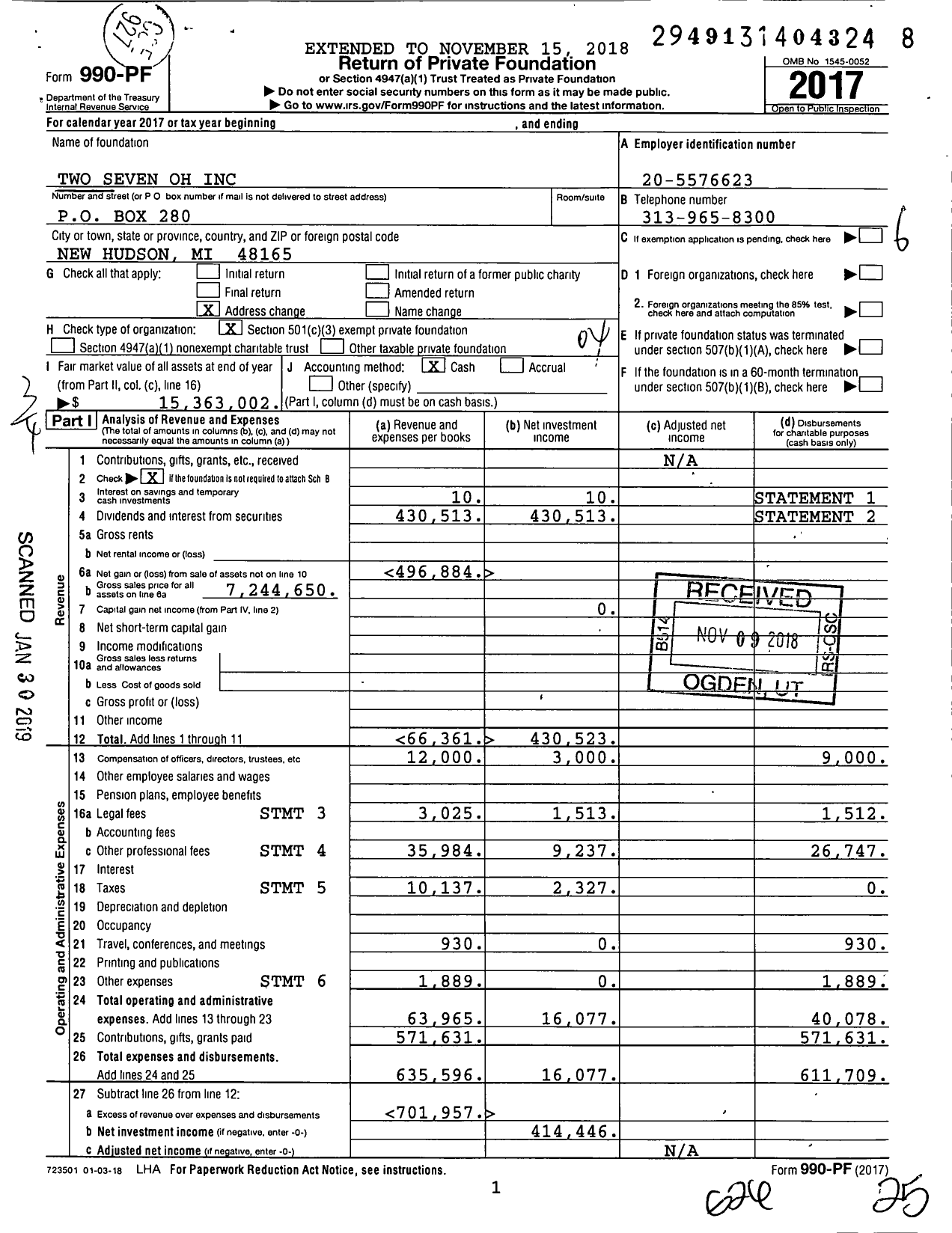 Image of first page of 2017 Form 990PF for Two Seven Oh