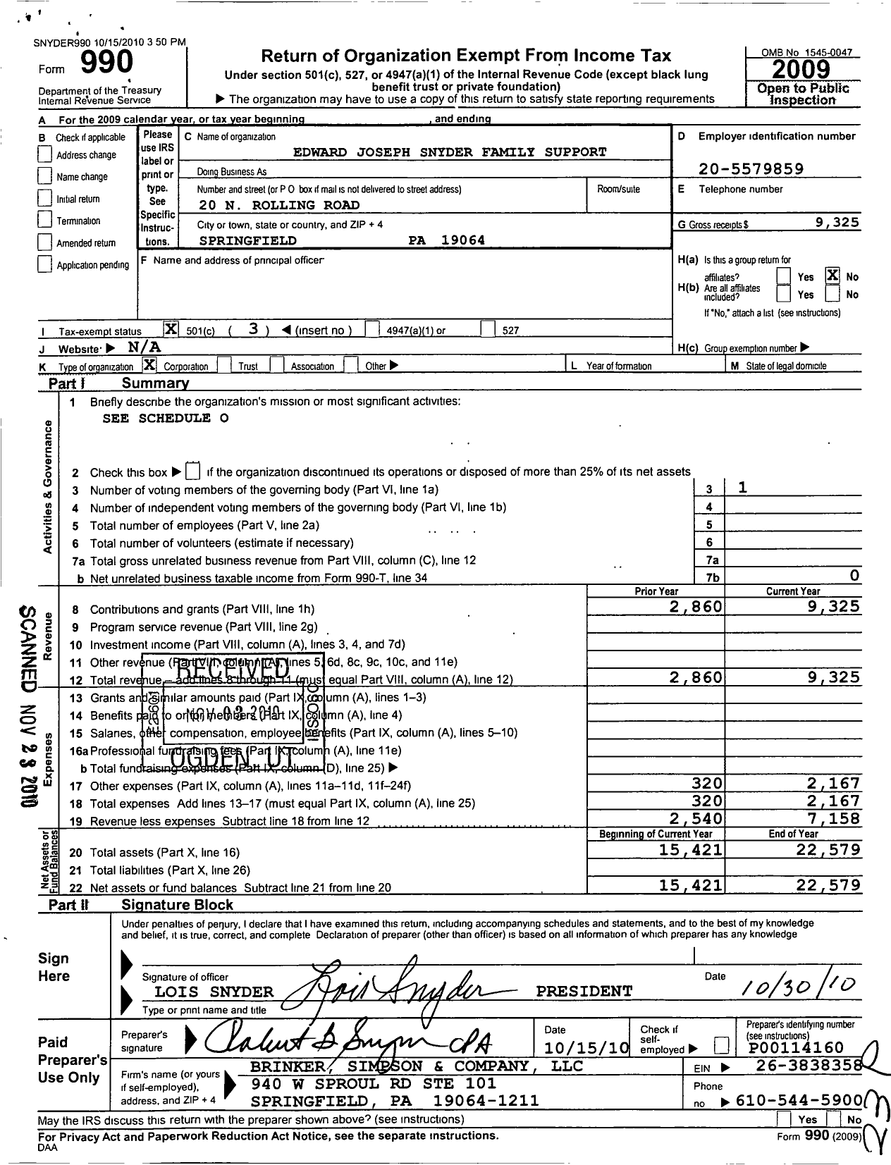 Image of first page of 2009 Form 990 for Edward Joseph Snyder Family Support Center