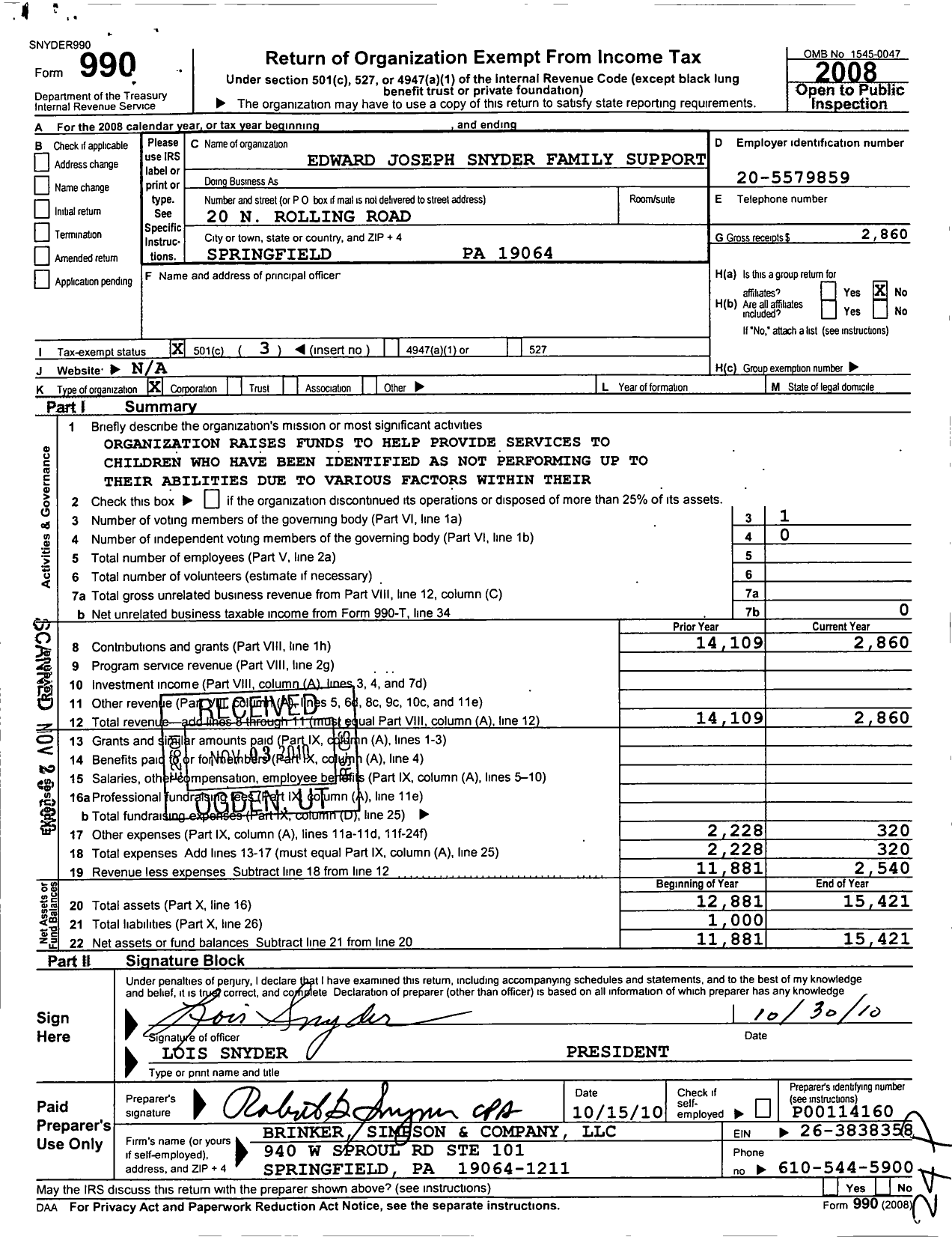 Image of first page of 2008 Form 990 for Edward Joseph Snyder Family Support Center