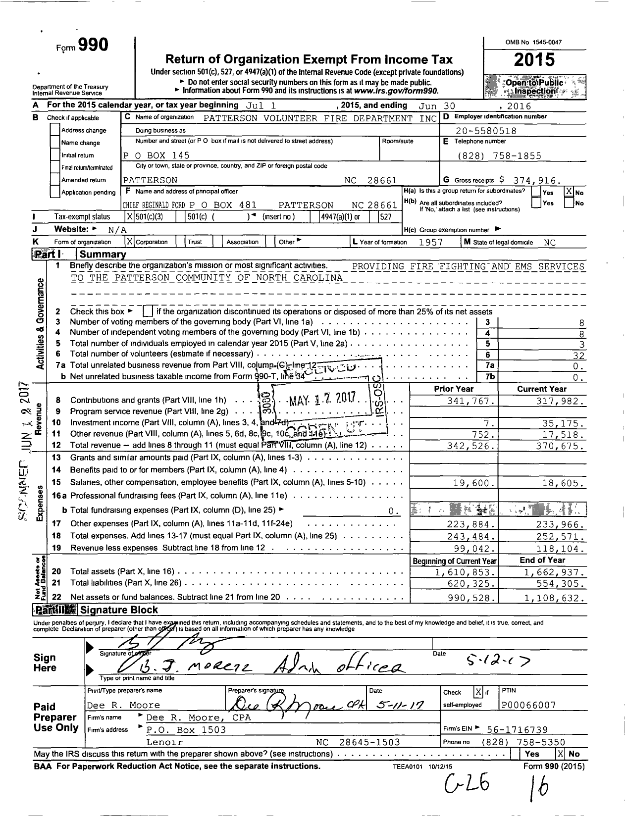 Image of first page of 2015 Form 990 for Patterson Volunteer Fire Department