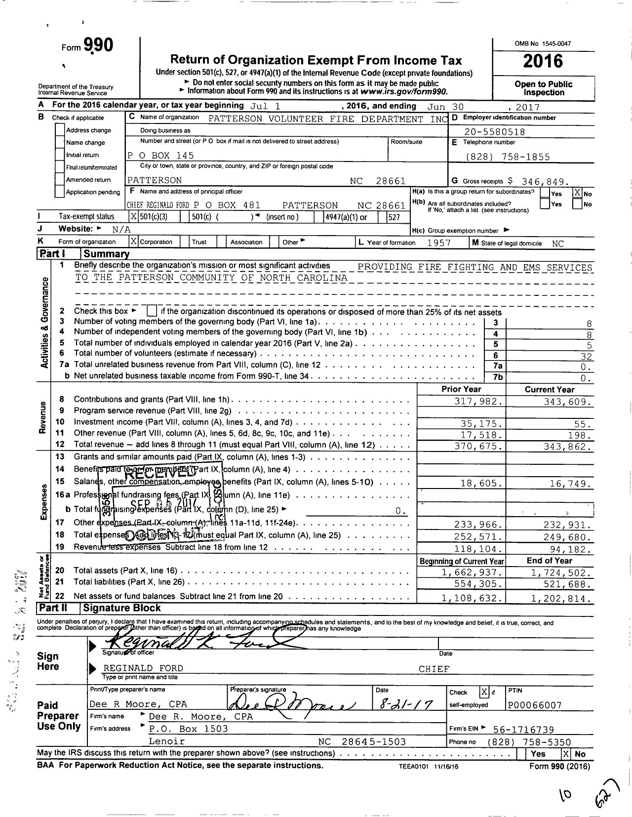 Image of first page of 2016 Form 990 for Patterson Volunteer Fire Department