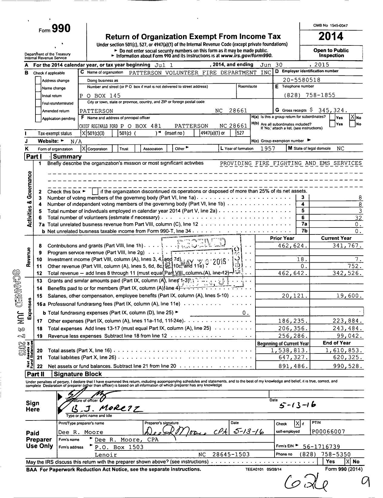 Image of first page of 2014 Form 990 for Patterson Volunteer Fire Department