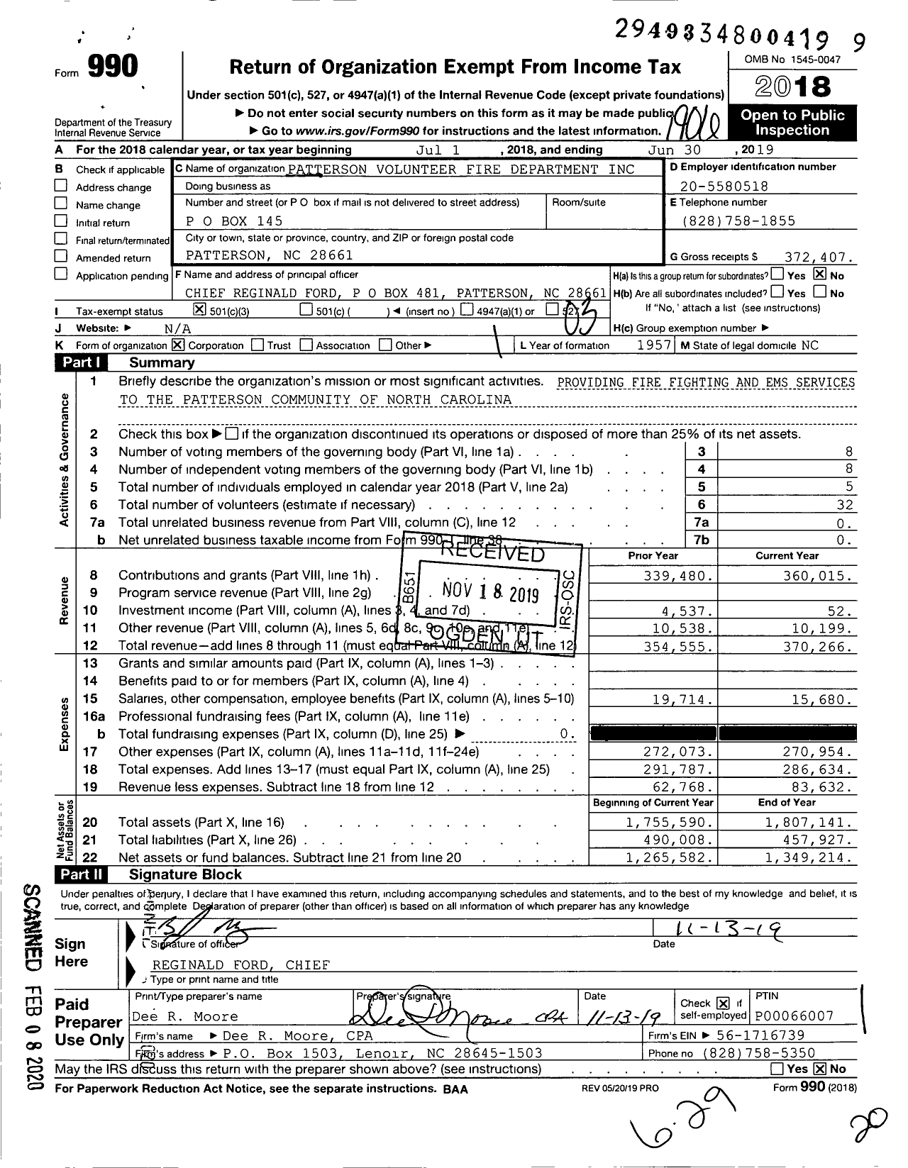 Image of first page of 2018 Form 990 for Patterson Volunteer Fire Department