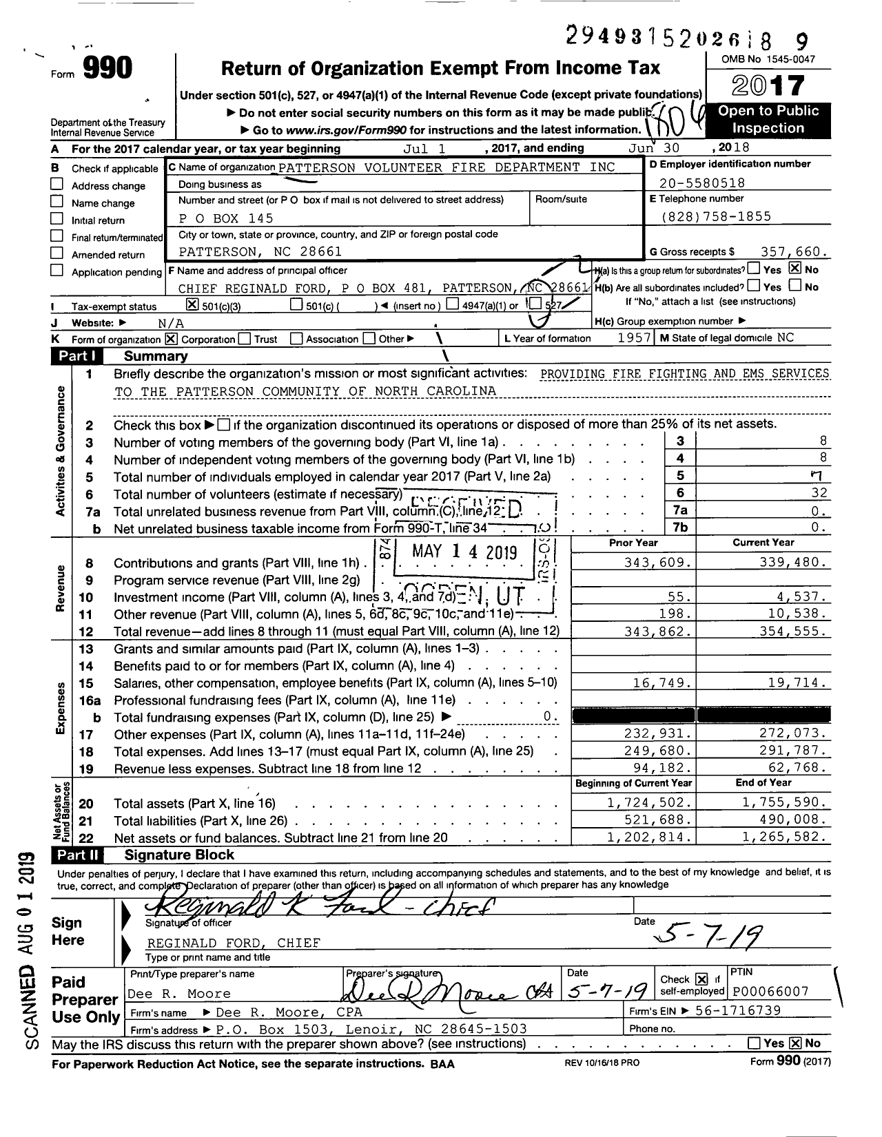 Image of first page of 2017 Form 990 for Patterson Volunteer Fire Department