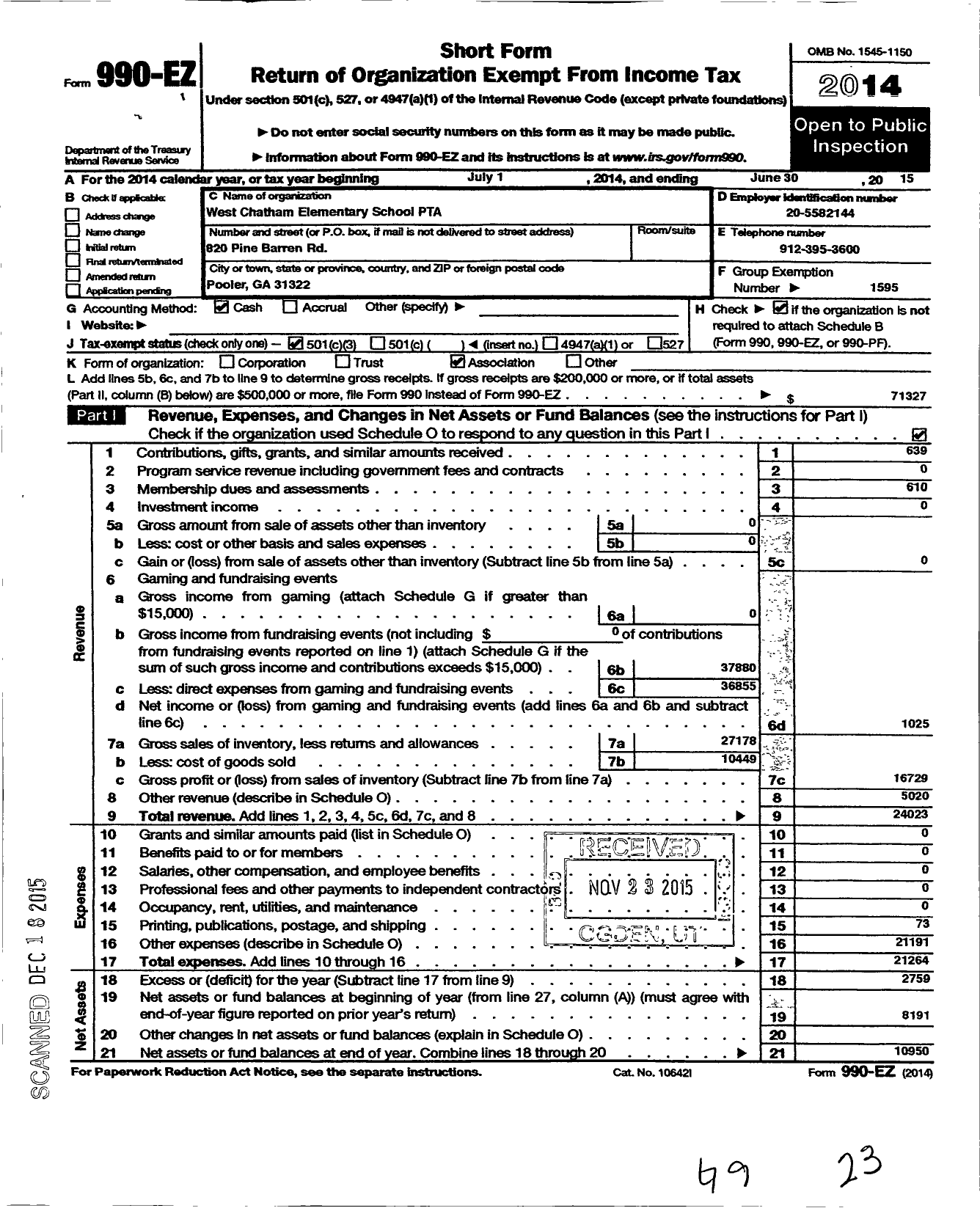 Image of first page of 2014 Form 990EZ for Georgia PTA - West Chatham Es PTA