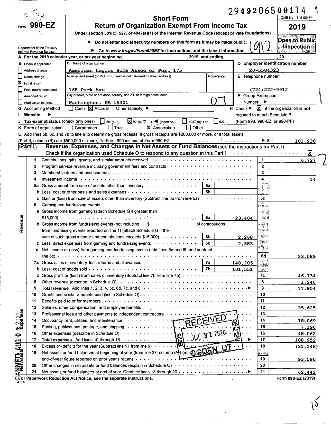 Image of first page of 2019 Form 990EO for American Legion Home Association of Post 175