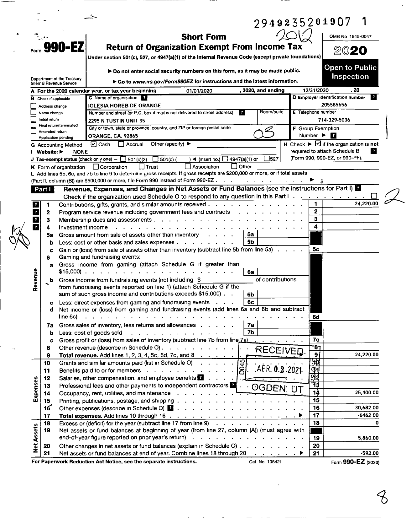 Image of first page of 2020 Form 990EZ for Iglesia Horeb de Orange