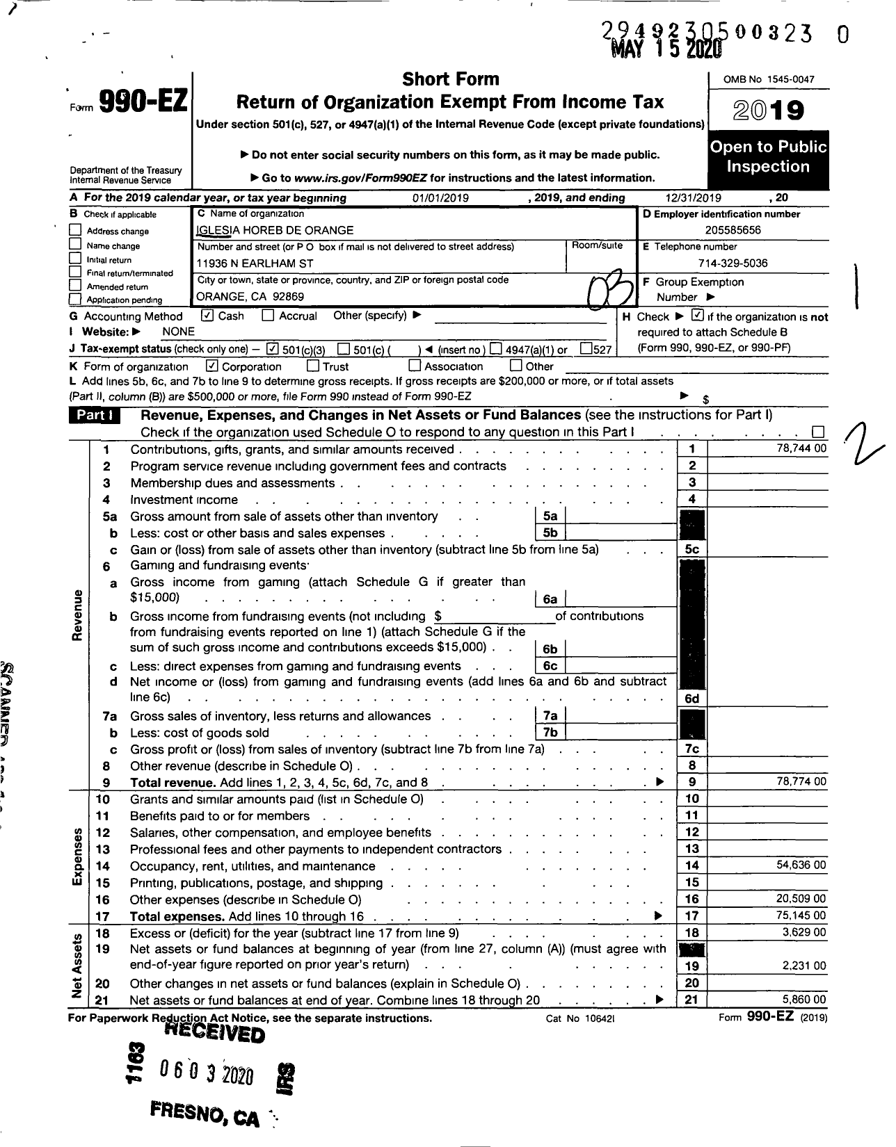 Image of first page of 2019 Form 990EZ for Iglesia Horeb de Orange