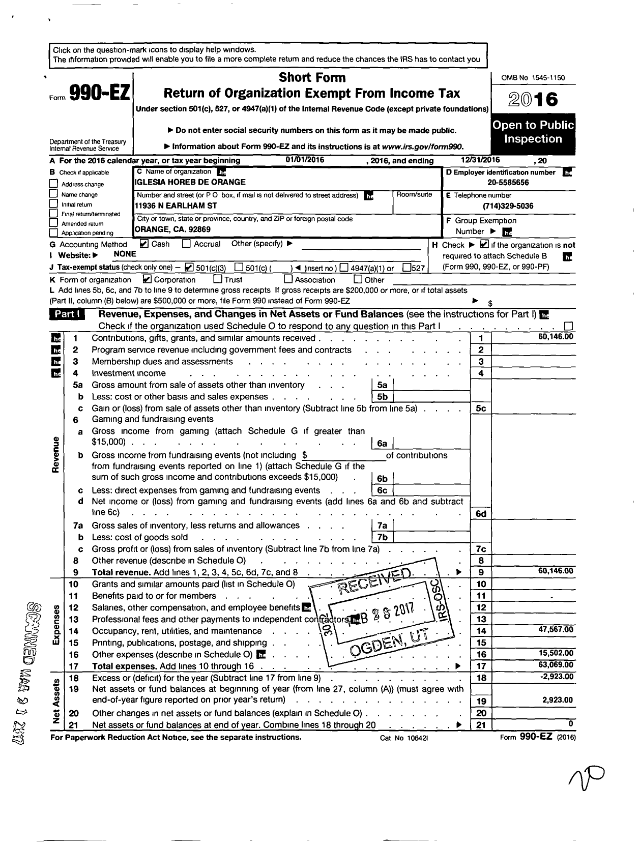 Image of first page of 2016 Form 990EZ for Iglesia Horeb de Orange