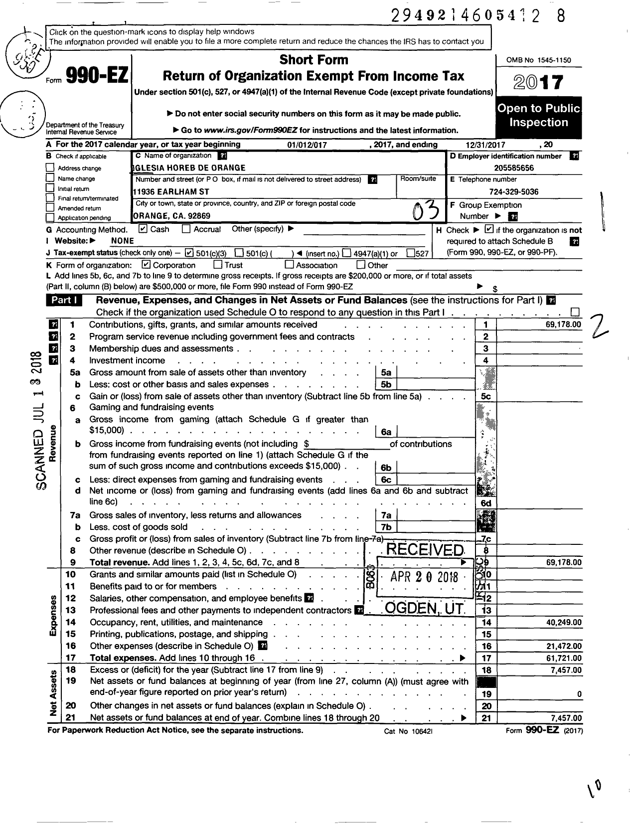 Image of first page of 2017 Form 990EZ for Iglesia Horeb de Orange