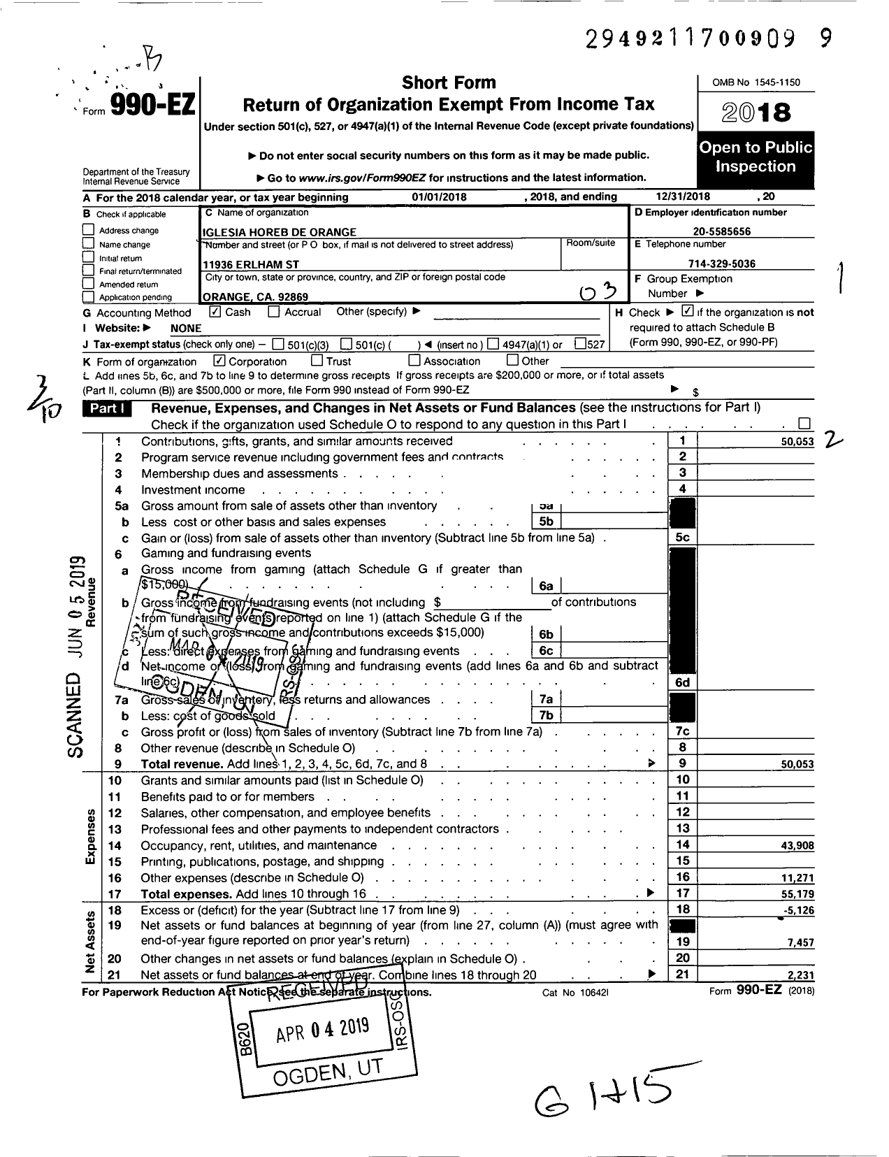 Image of first page of 2018 Form 990EZ for Iglesia Horeb de Orange