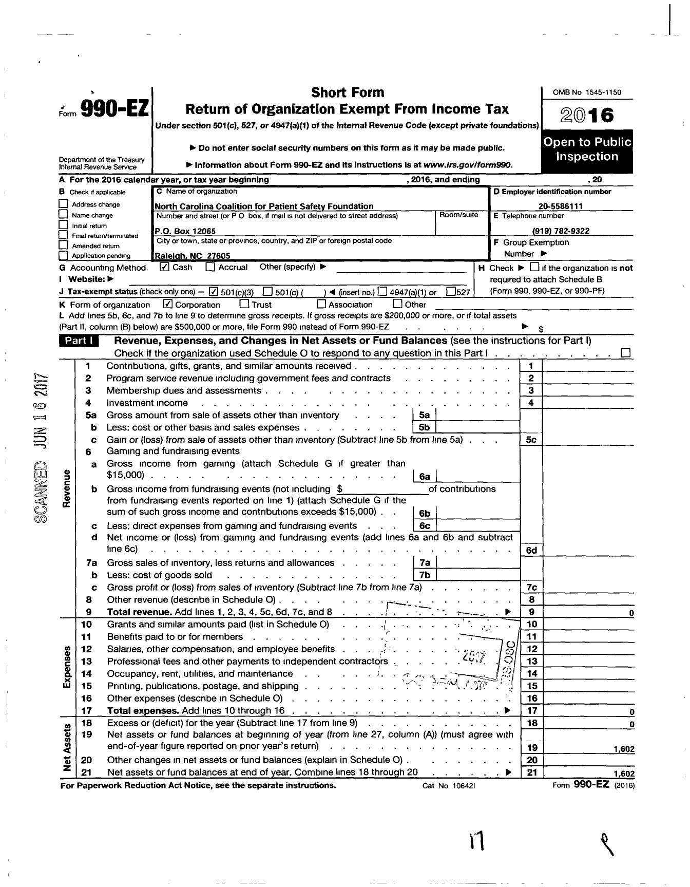 Image of first page of 2016 Form 990EZ for North Carolina Coalition for Patient Safety Foundation