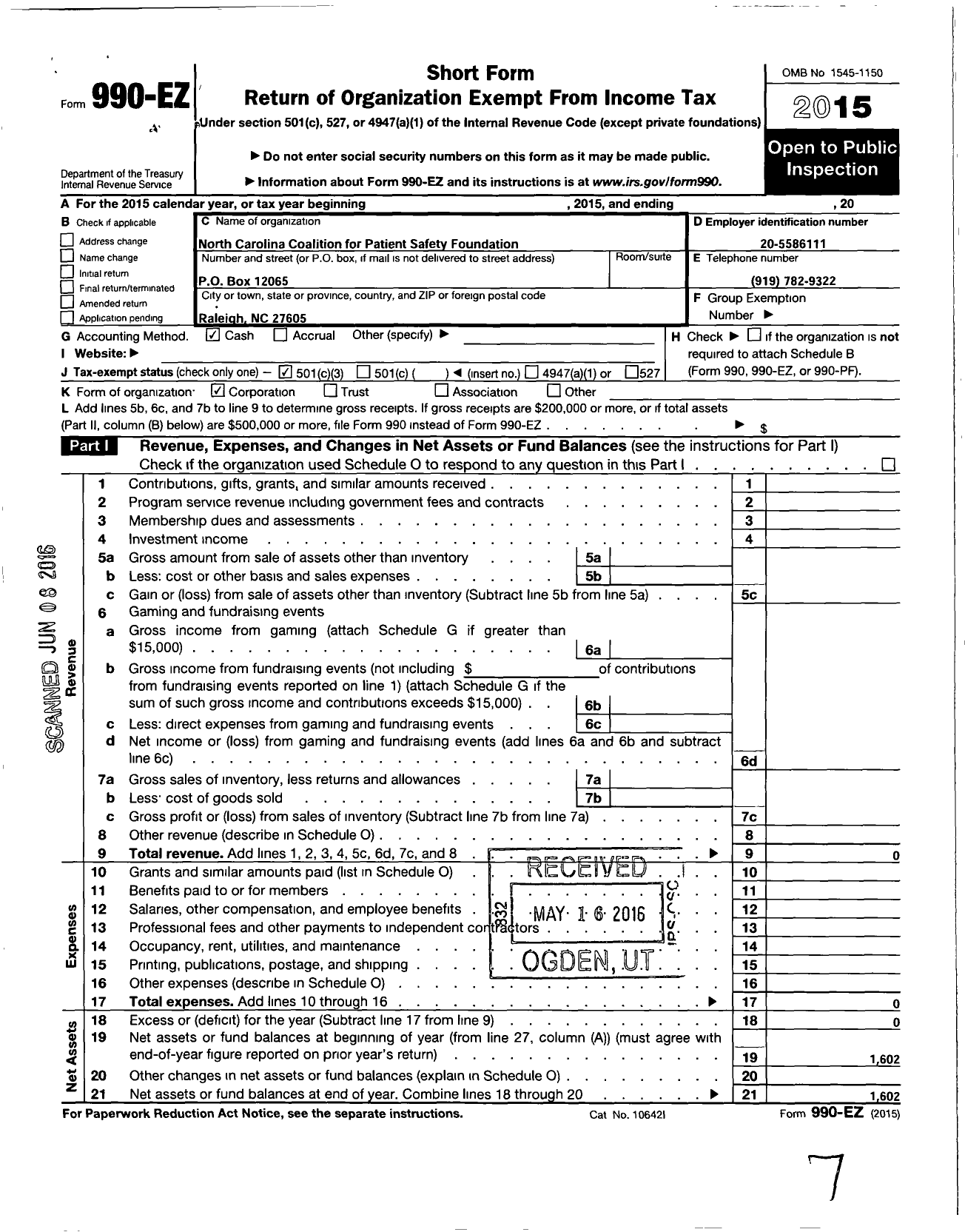 Image of first page of 2015 Form 990EZ for North Carolina Coalition for Patient Safety Foundation