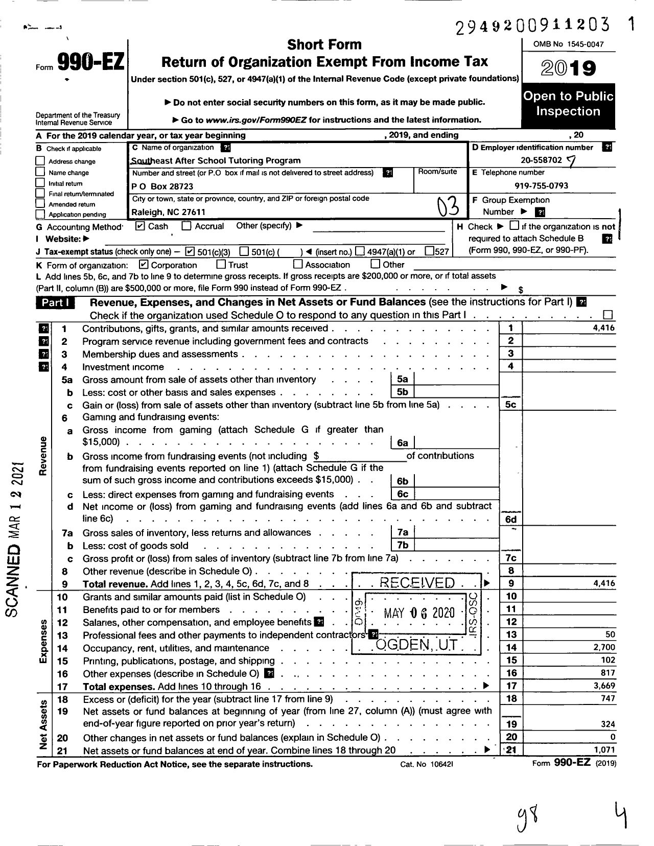 Image of first page of 2019 Form 990EZ for Southeast After School Tutorial Program