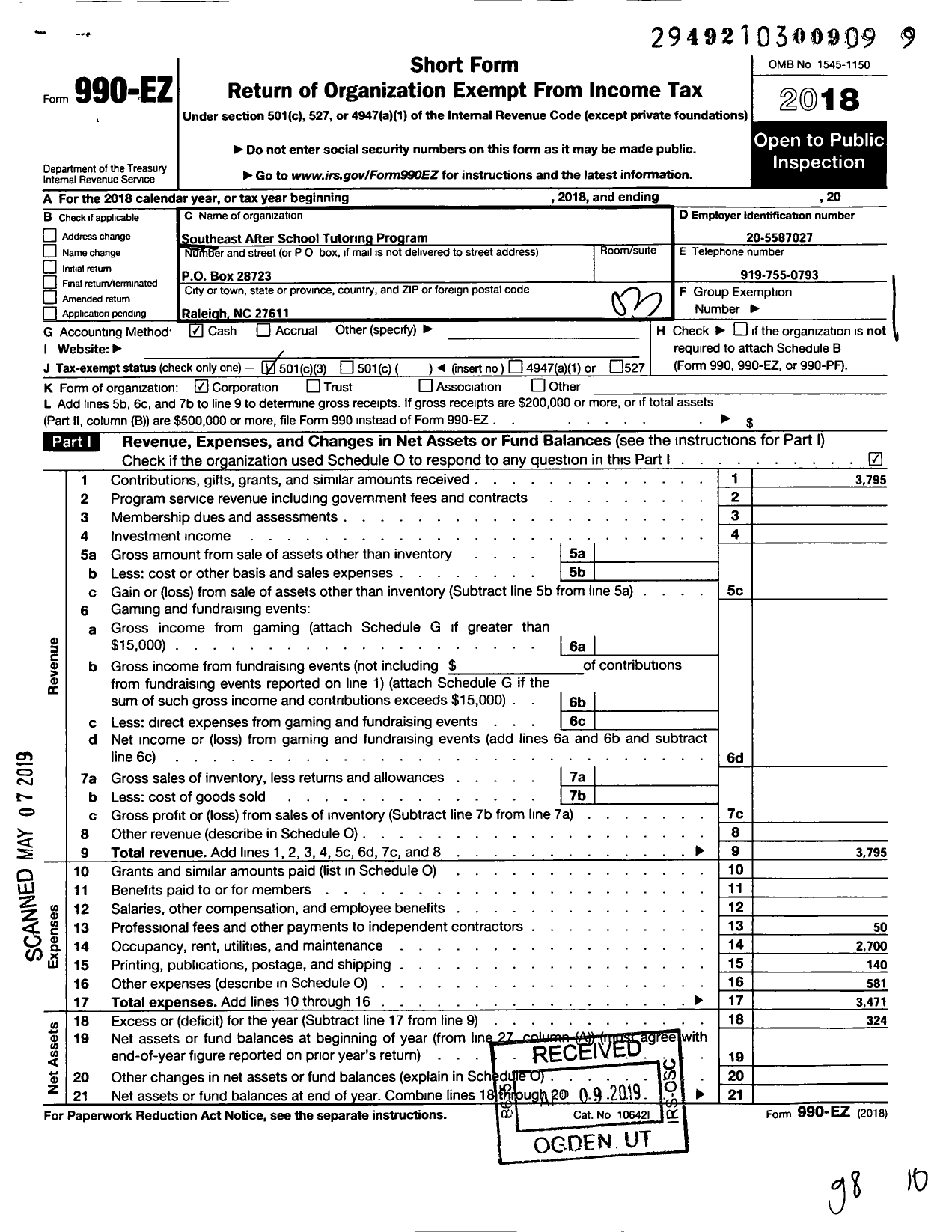 Image of first page of 2018 Form 990EZ for Southeast After School Tutorial Program