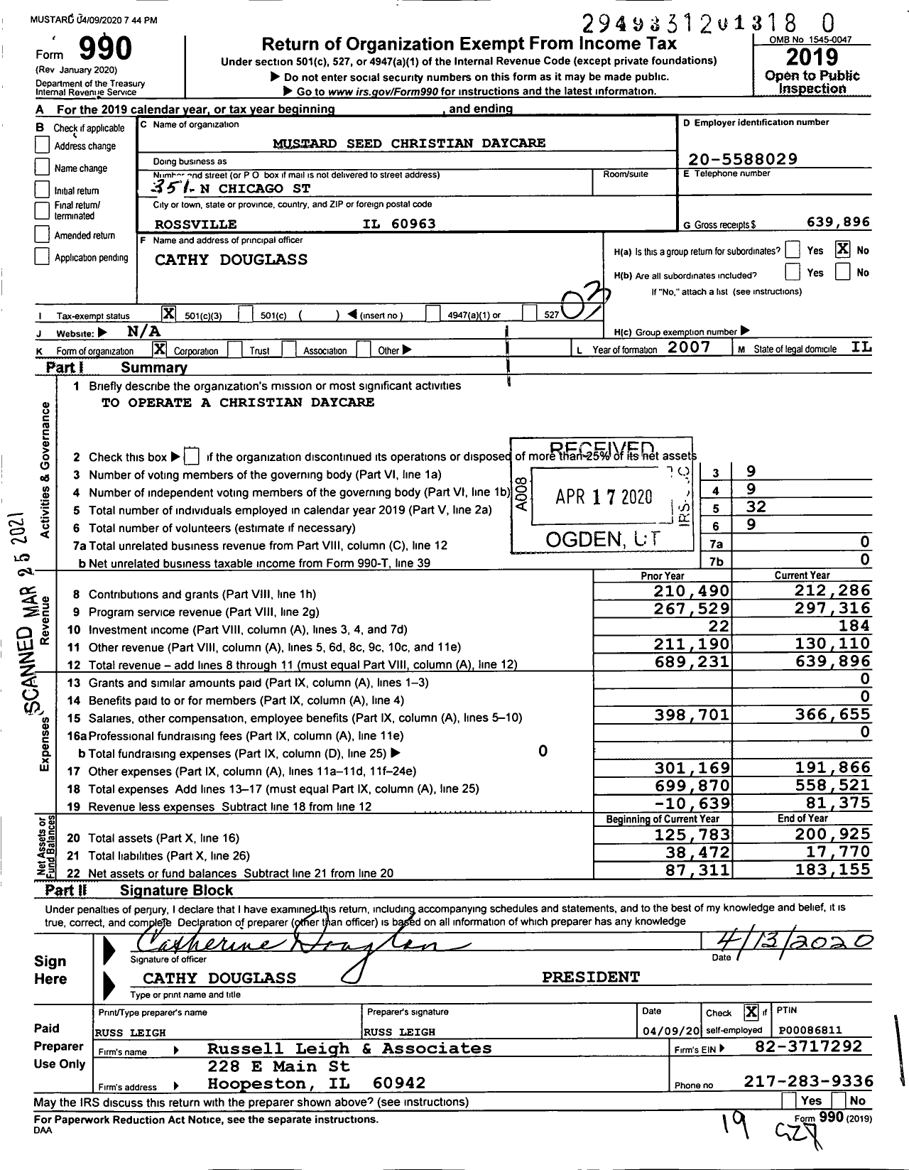 Image of first page of 2019 Form 990 for Mustard Seed Christian Daycare